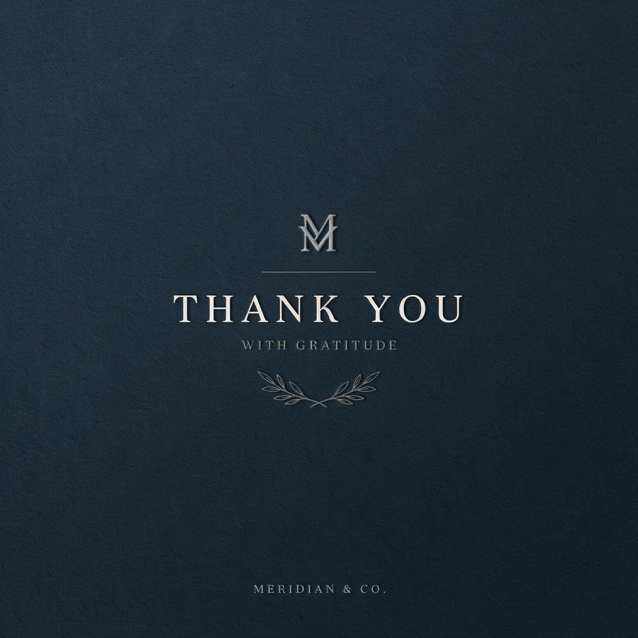 Business thank you card in muted navy and grey with logo space