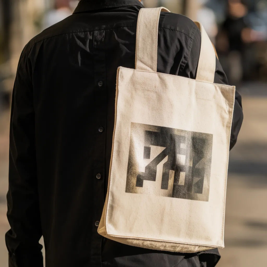 Canvas tote with a printed design carried over a shoulder on a sunny street