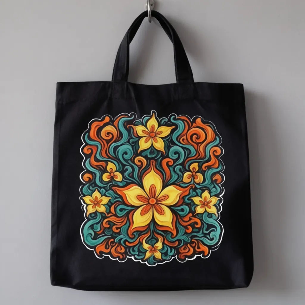 Black cotton tote with a centered print hung against a studio wall
