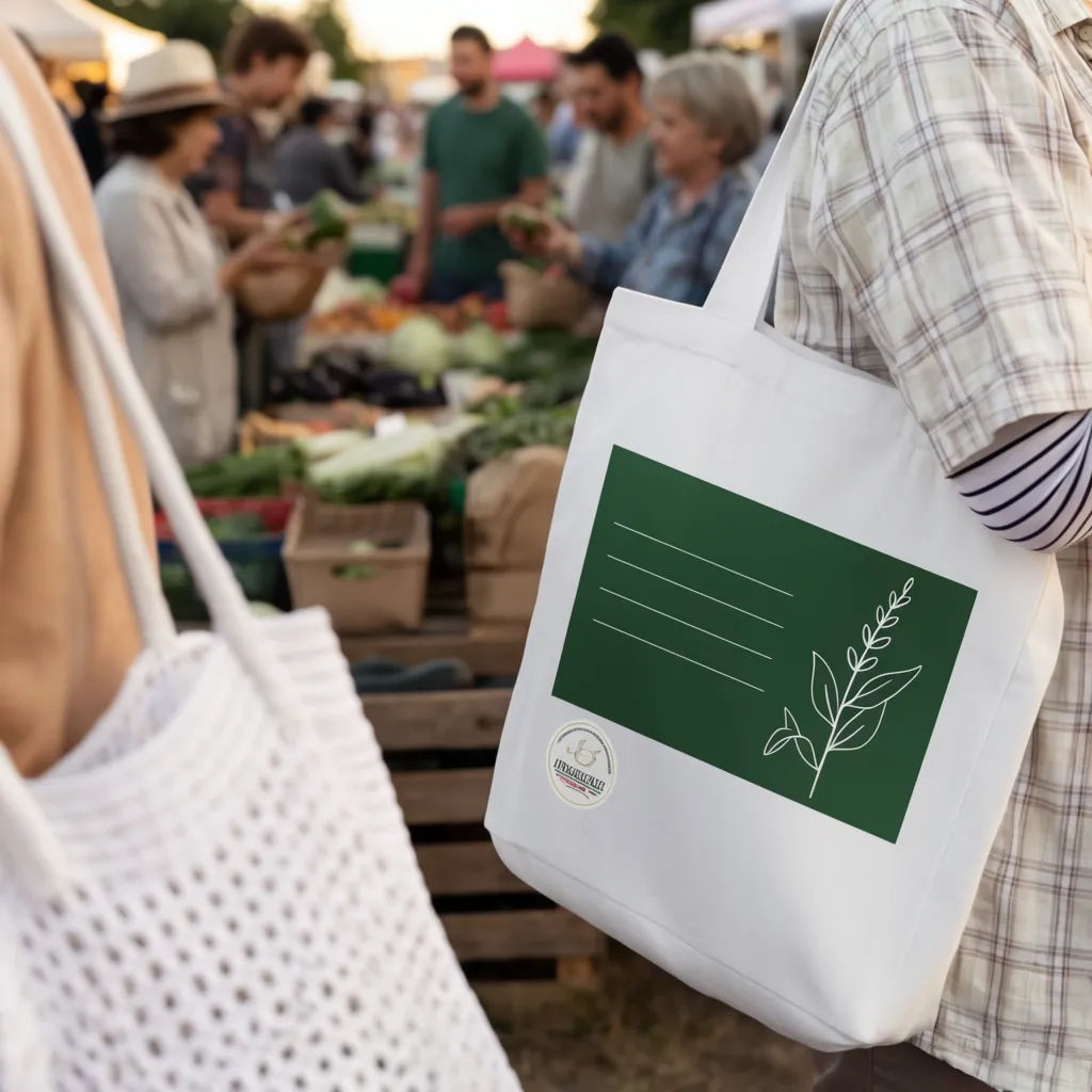 Printed canvas tote held at the side at an outdoor market