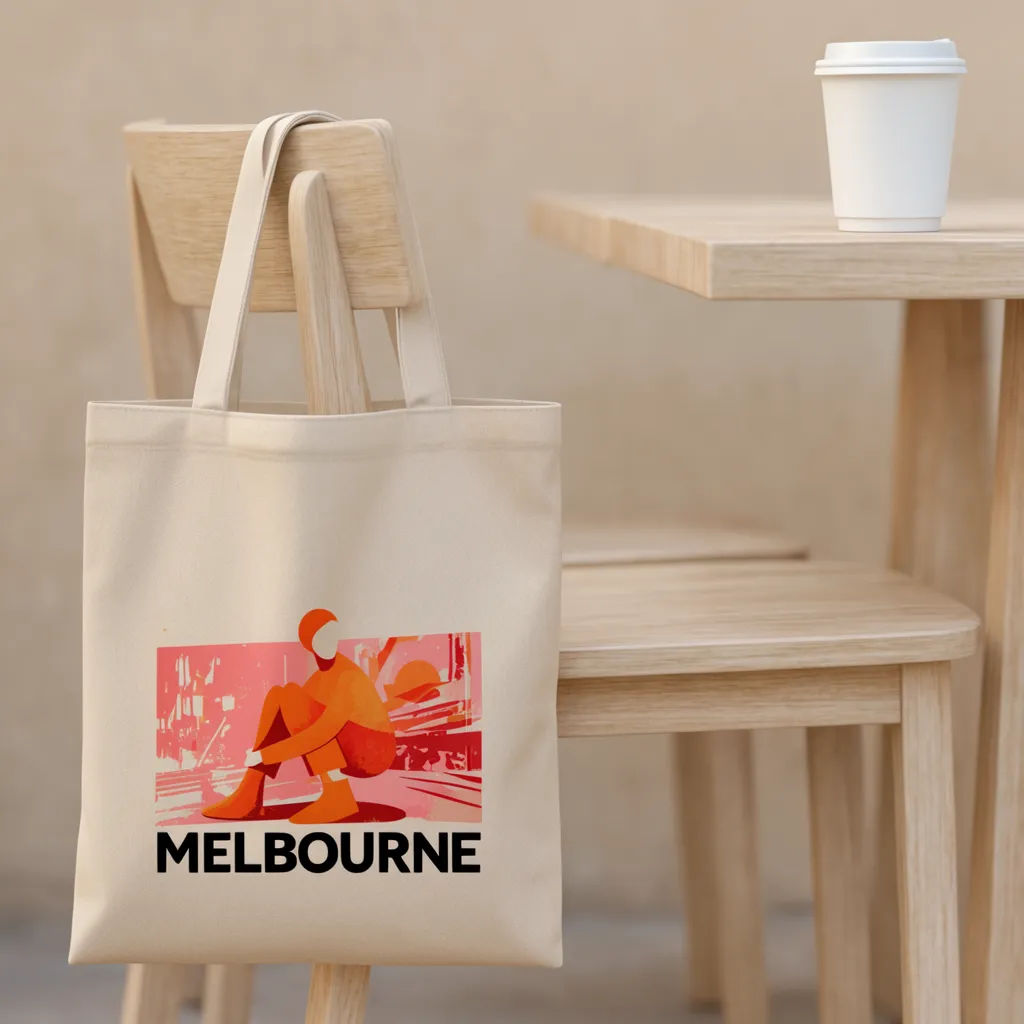 Printed canvas tote draped over a cafe chair beside a coffee cup