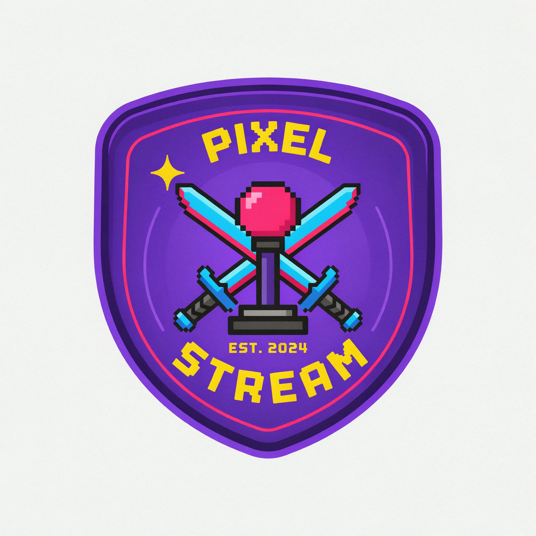 Retro arcade Twitch badge with a pixel joystick emblem