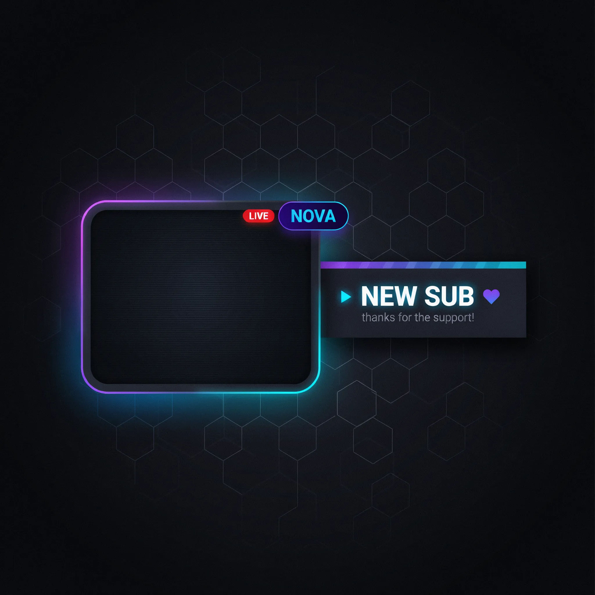 Dark webcam frame with a purple and cyan neon border