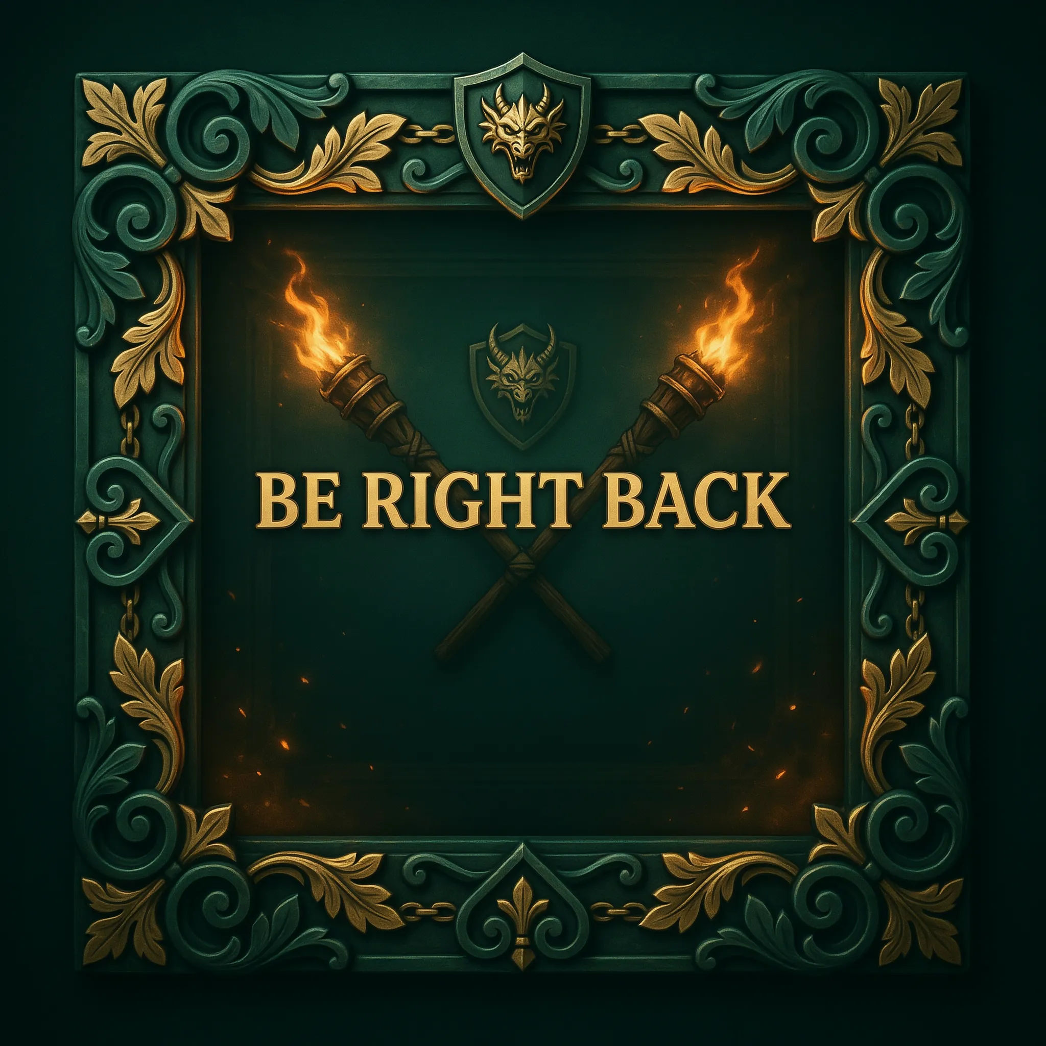 Emerald and gold fantasy overlay with an ornate frame and be right back text