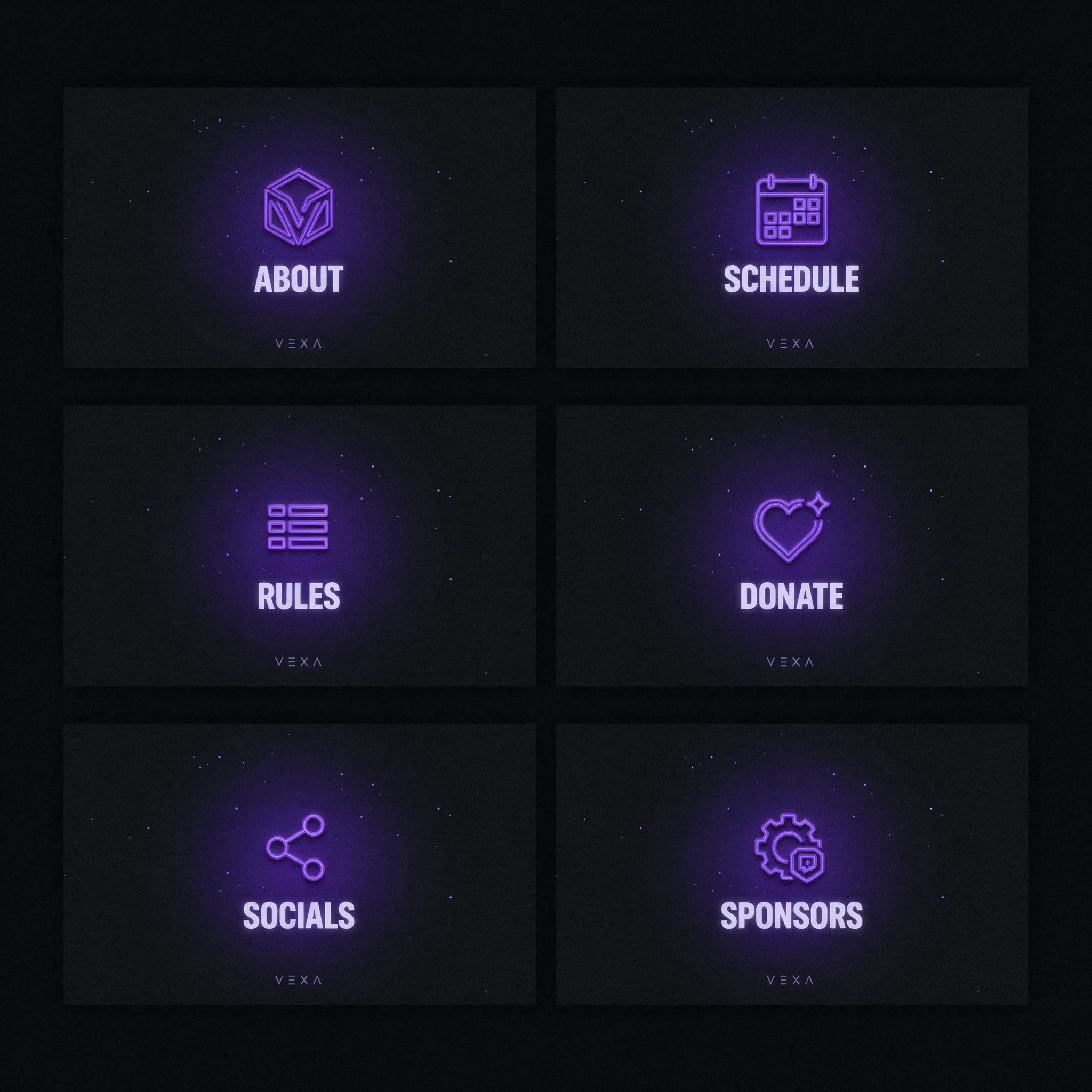 Set of six matching purple neon Twitch panels with bold labels