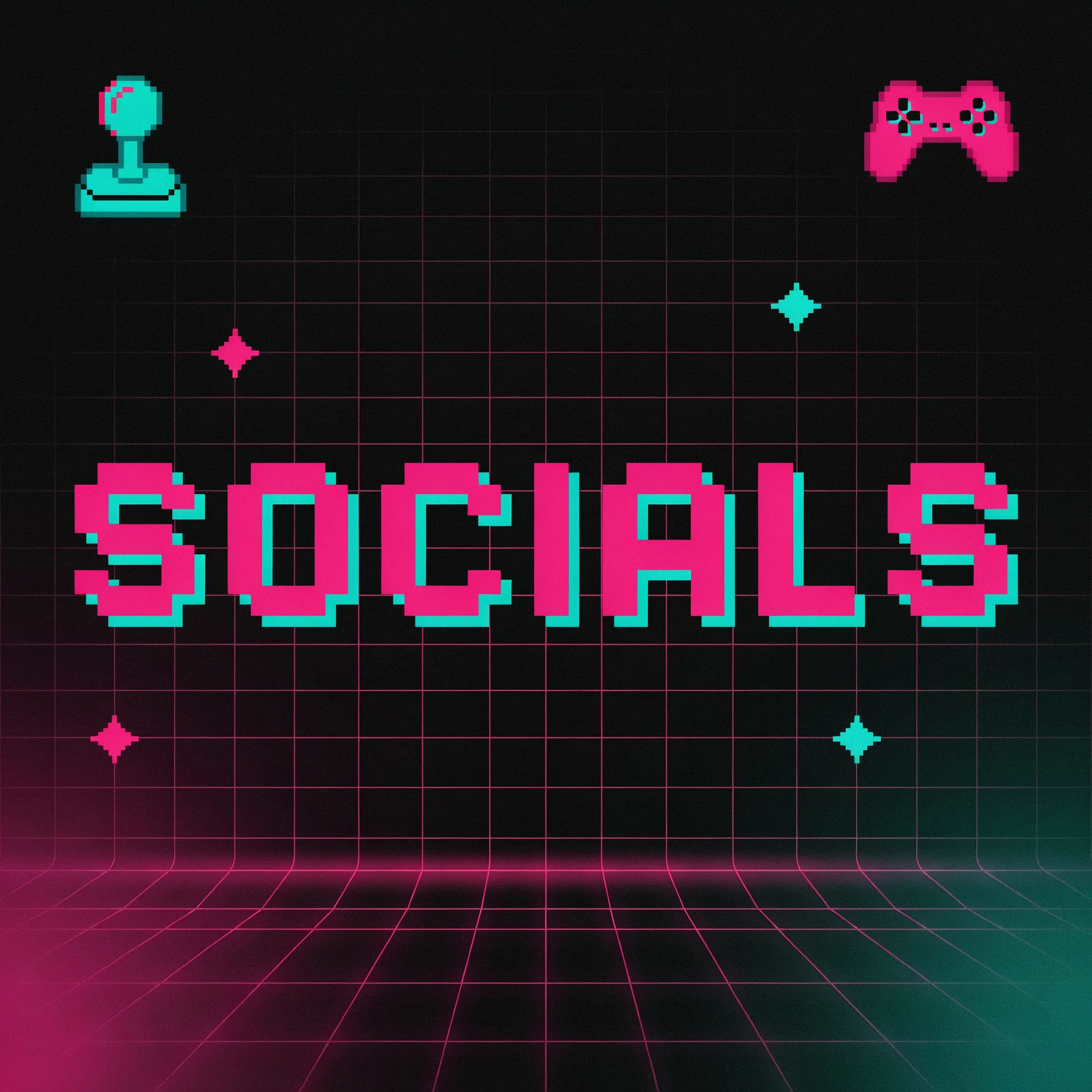 Retro arcade Twitch socials panel with pixel-style label