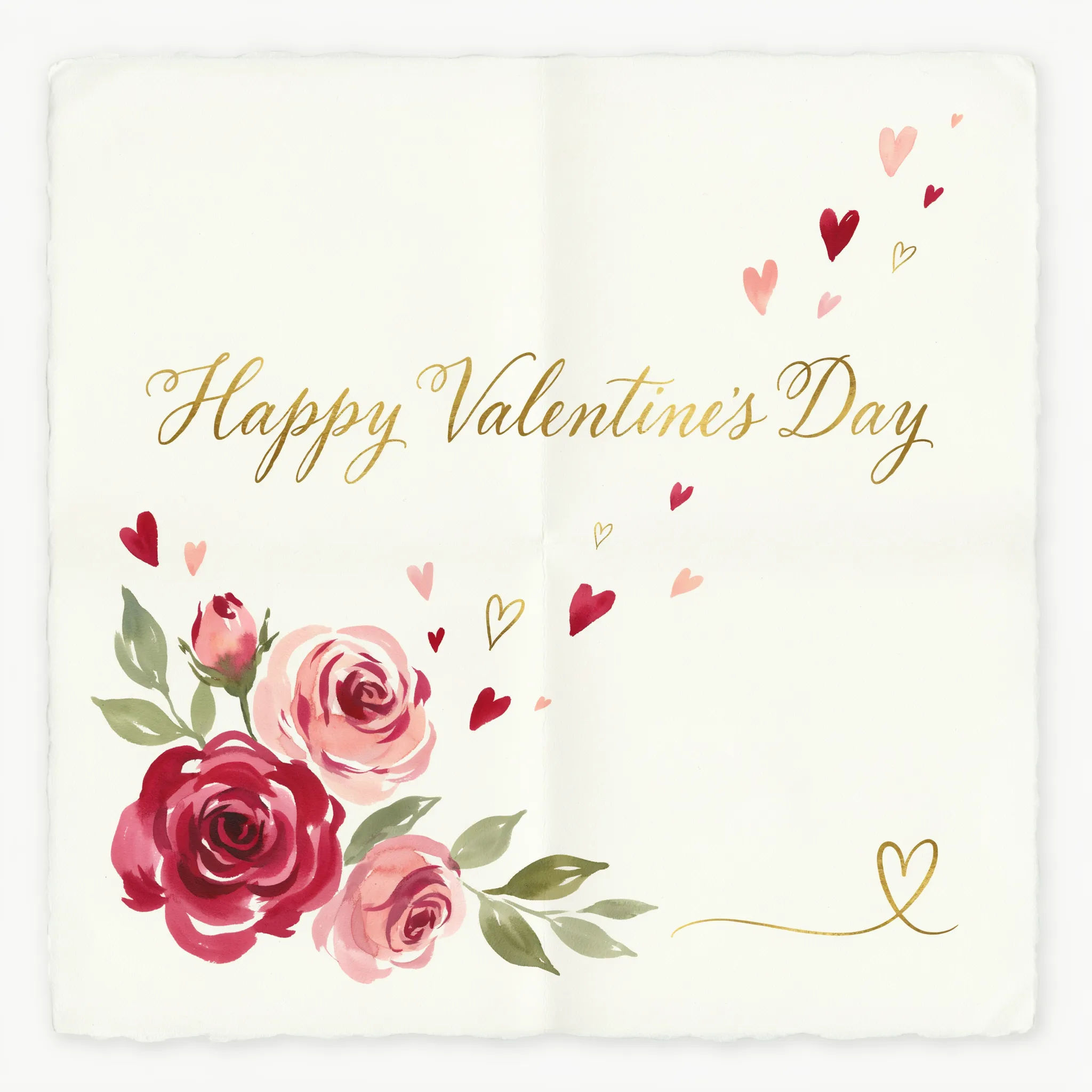 Romantic Valentine card with watercolor roses and gold script