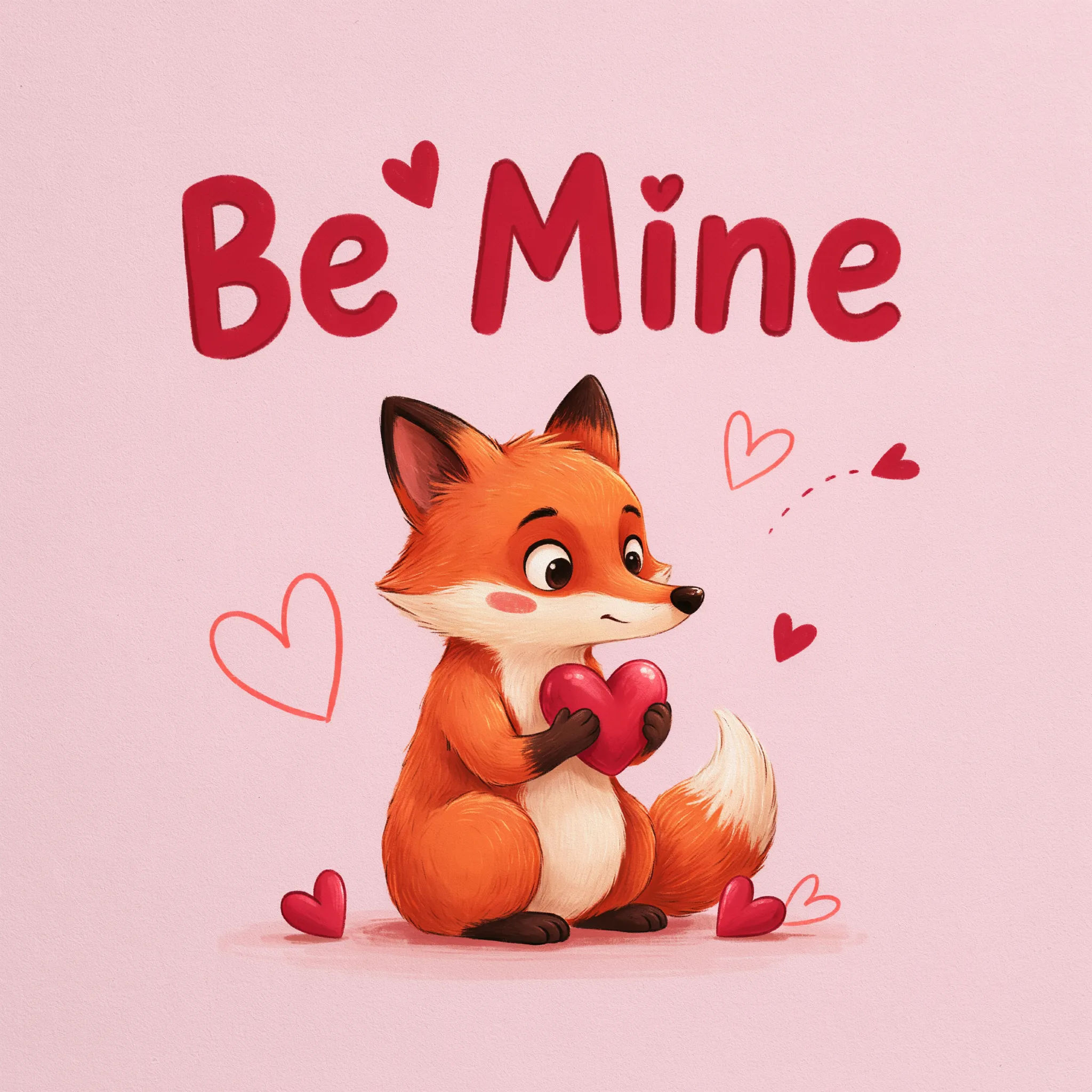 Cute Valentine card with a shy fox holding a heart in pastel pink