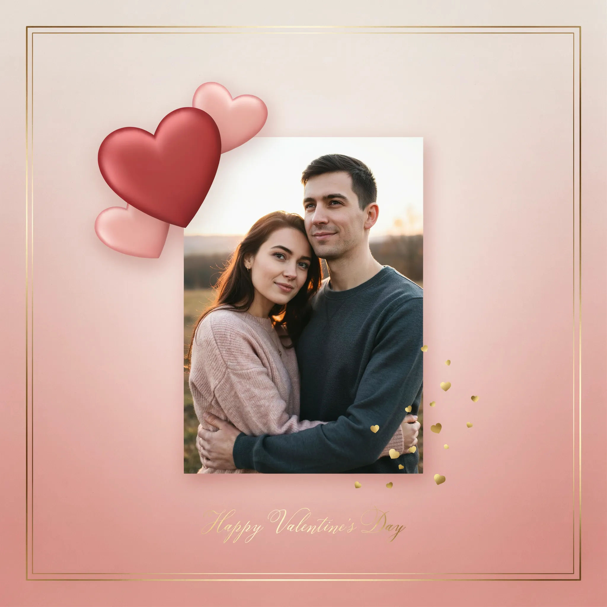 Valentine photo card with a couple photo in a thin gold frame