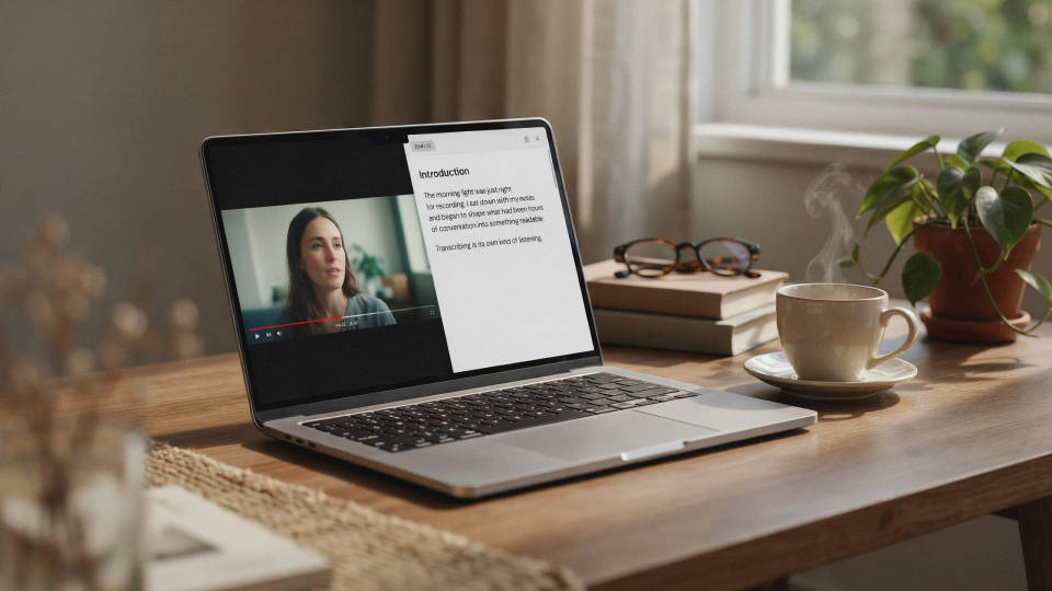 Um notebook mostrando um vídeo ao lado da transcrição pronta para virar artigo