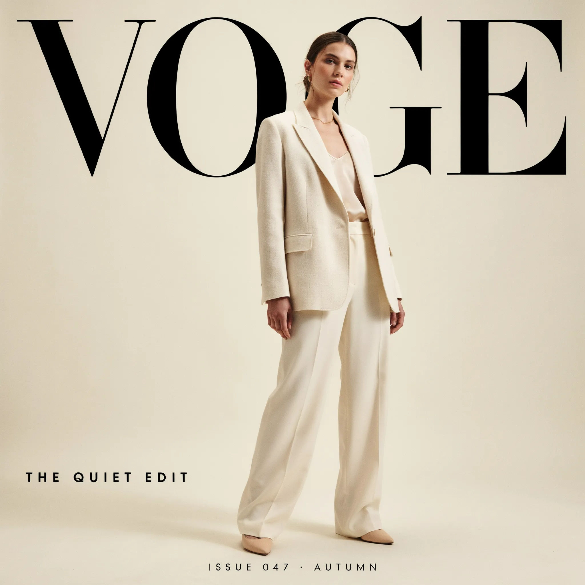 Portrait styled as a high-fashion magazine cover with a bold masthead
