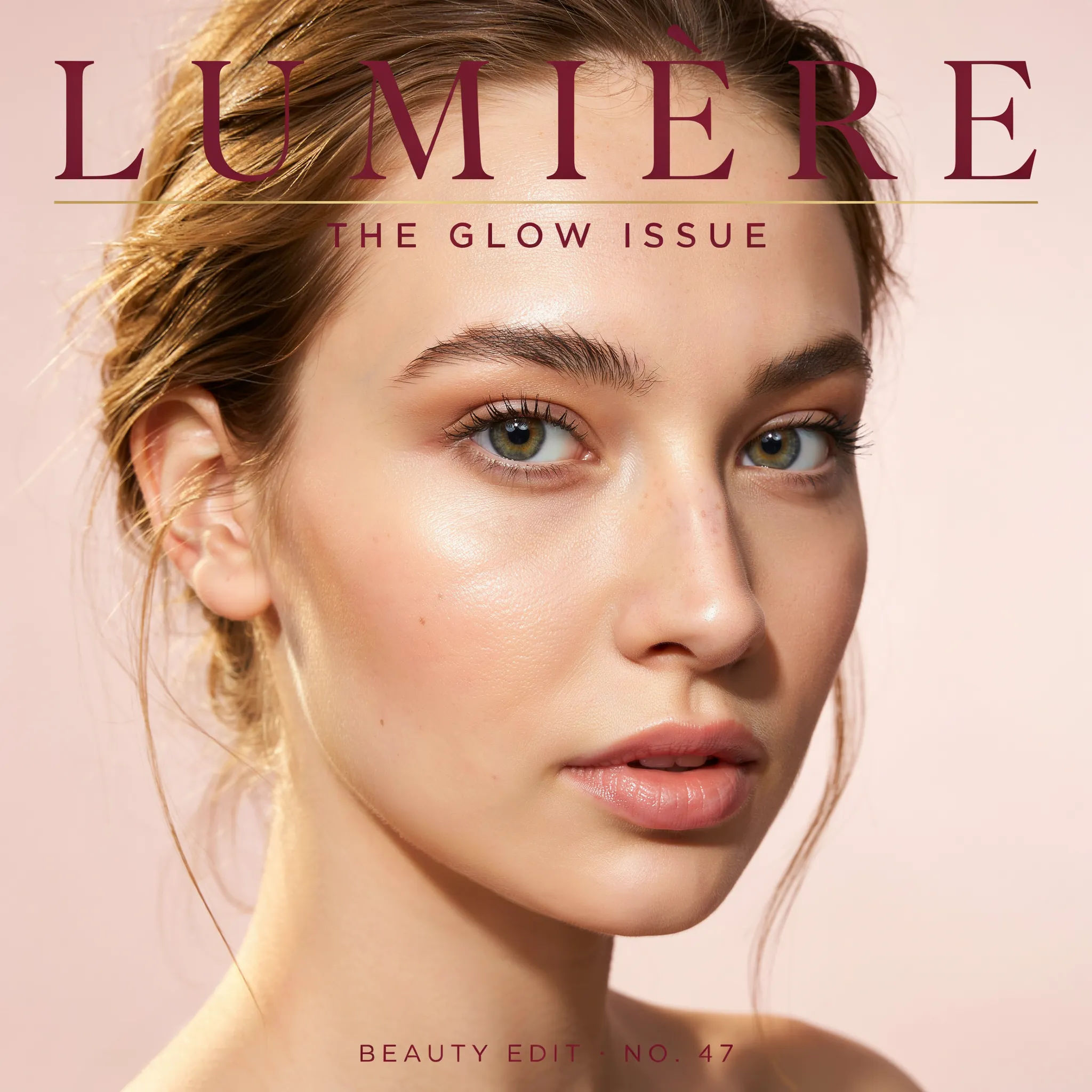 Close-up portrait styled as a beauty magazine cover
