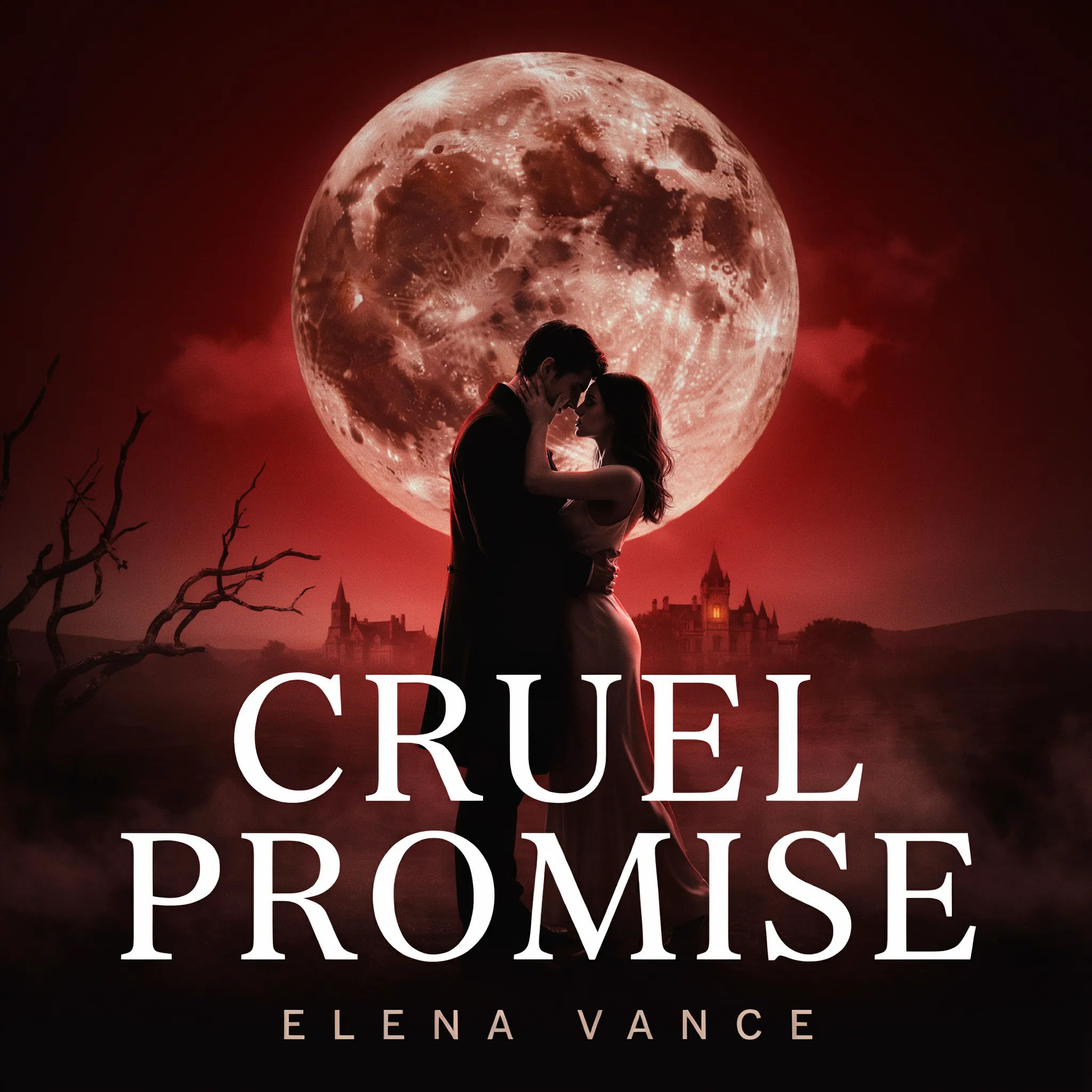 Dark romance Wattpad cover with two silhouettes under a red moon