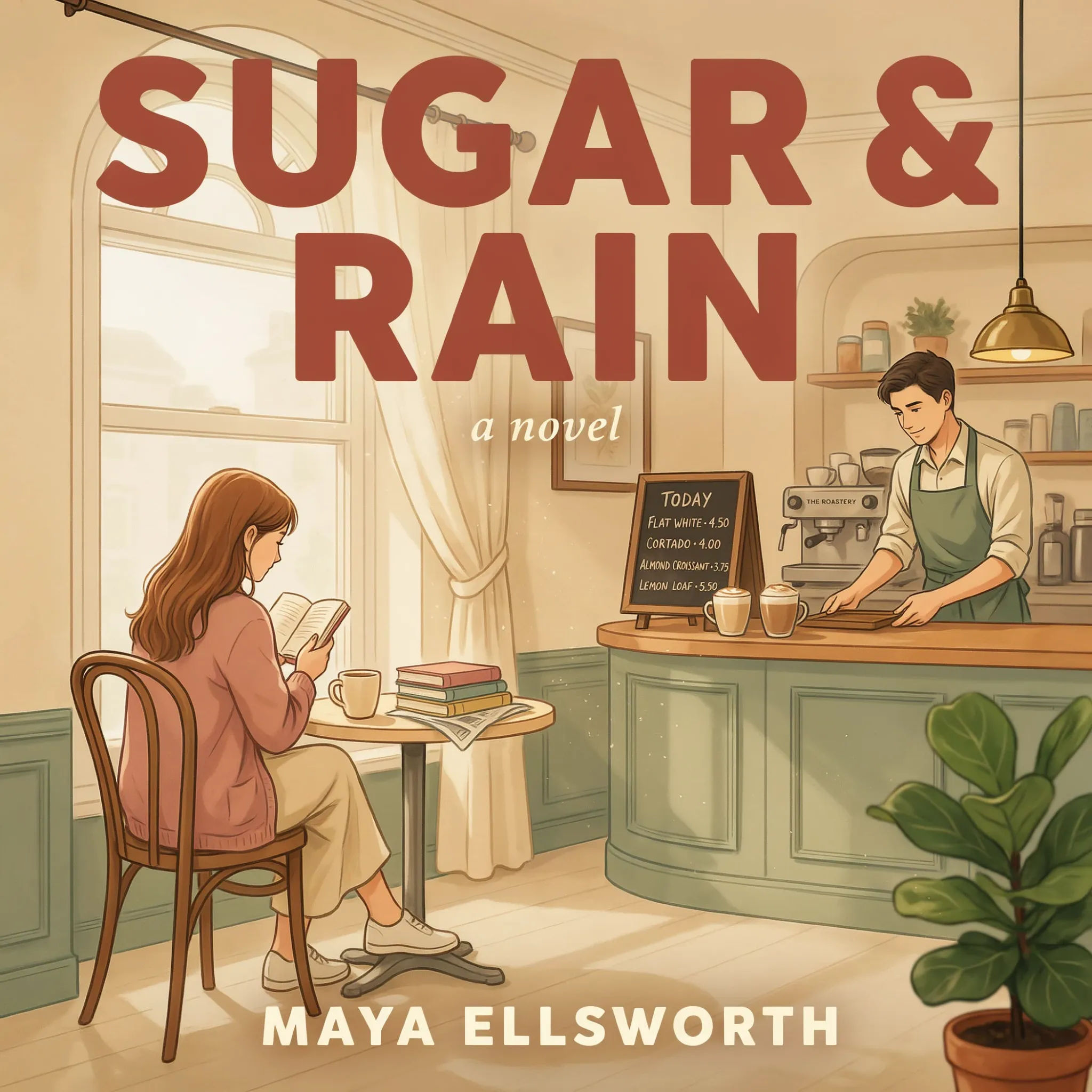 Cosy contemporary Wattpad cover with a sunlit cafe illustration