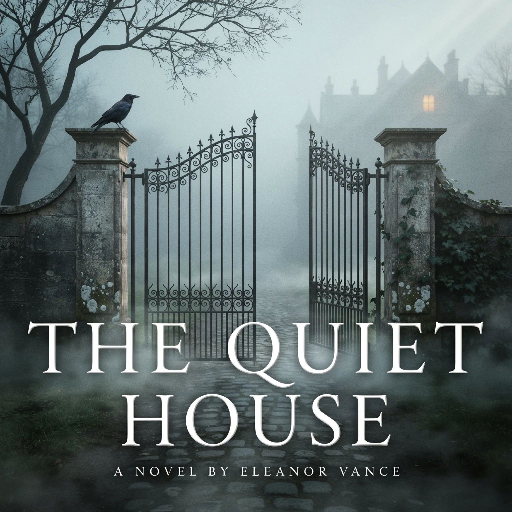 Mystery Wattpad cover with a foggy manor gate and an elegant title