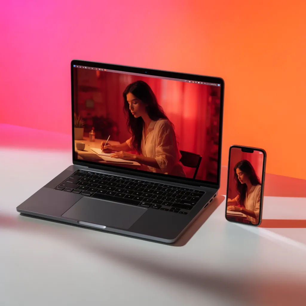Laptop beside a phone showing desktop and mobile views on a desk