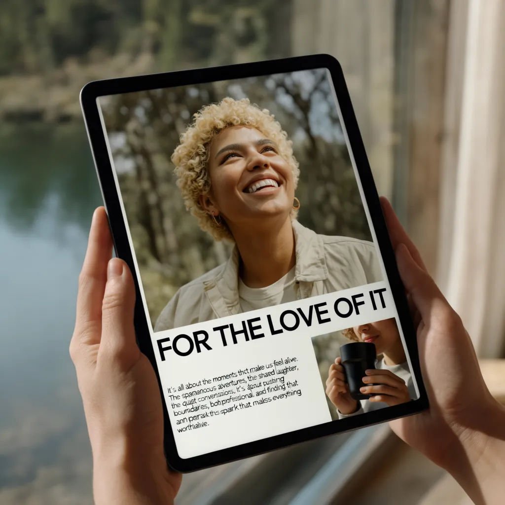 Tablet held in two hands at a slight angle showing a web page