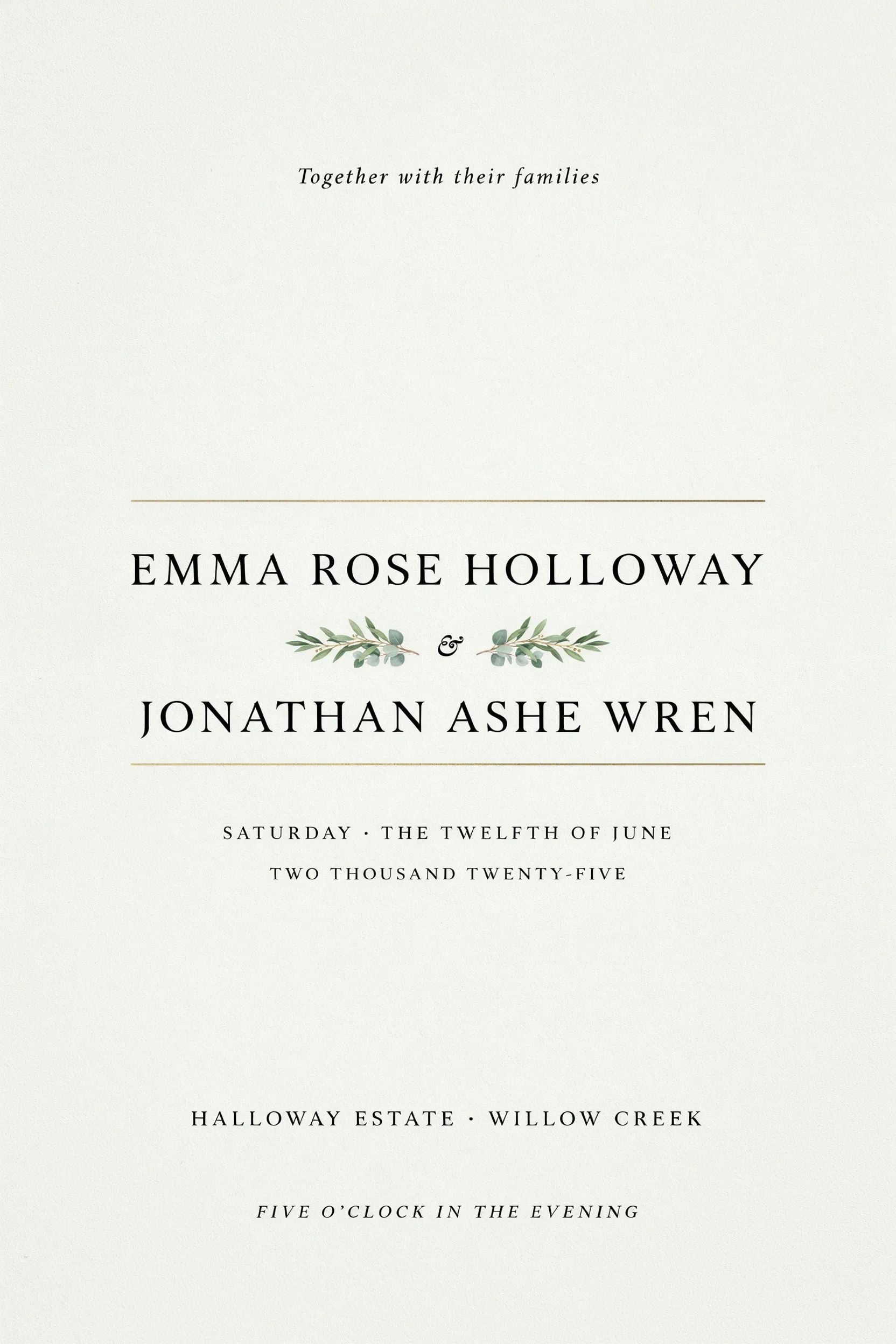Classic serif wedding invitation on ivory with gold rule and botanical flourish