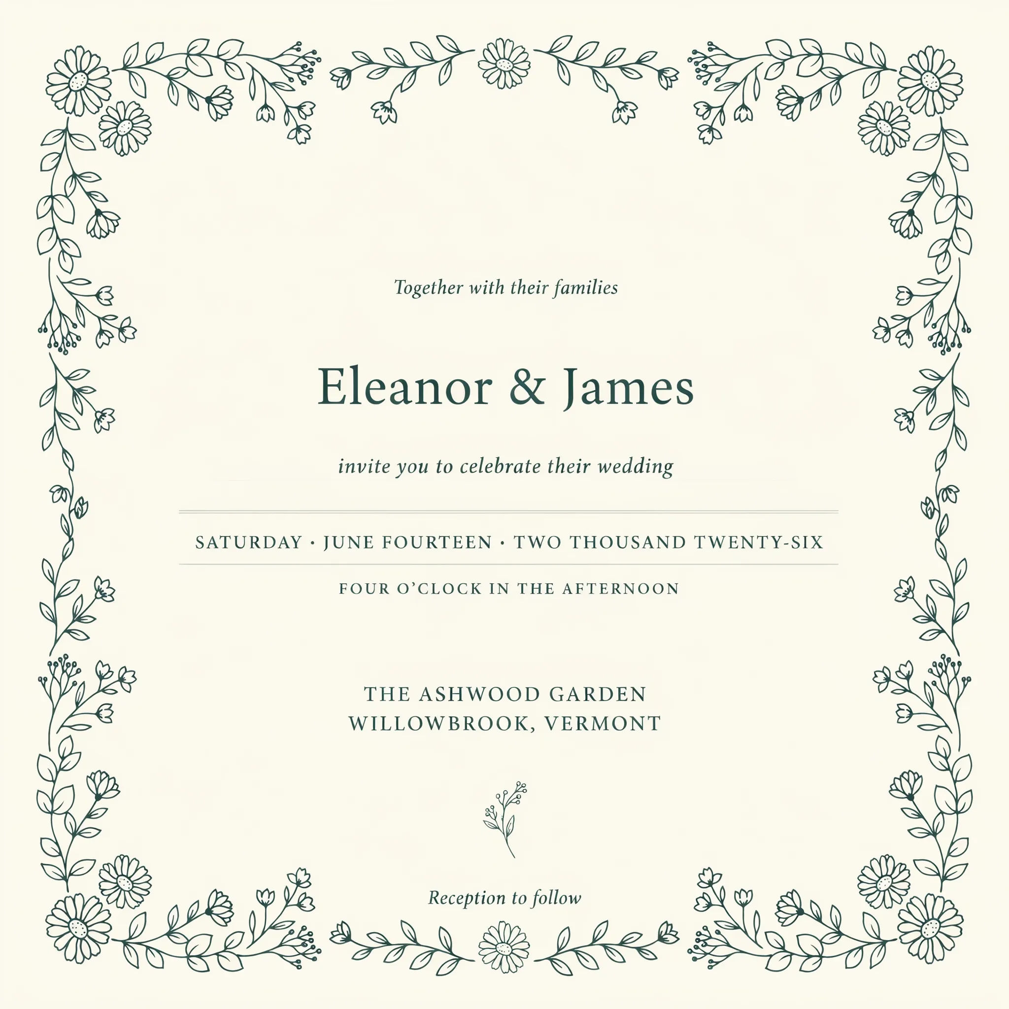 Fine botanical wedding invitation with hand-drawn wildflowers in sage on cream
