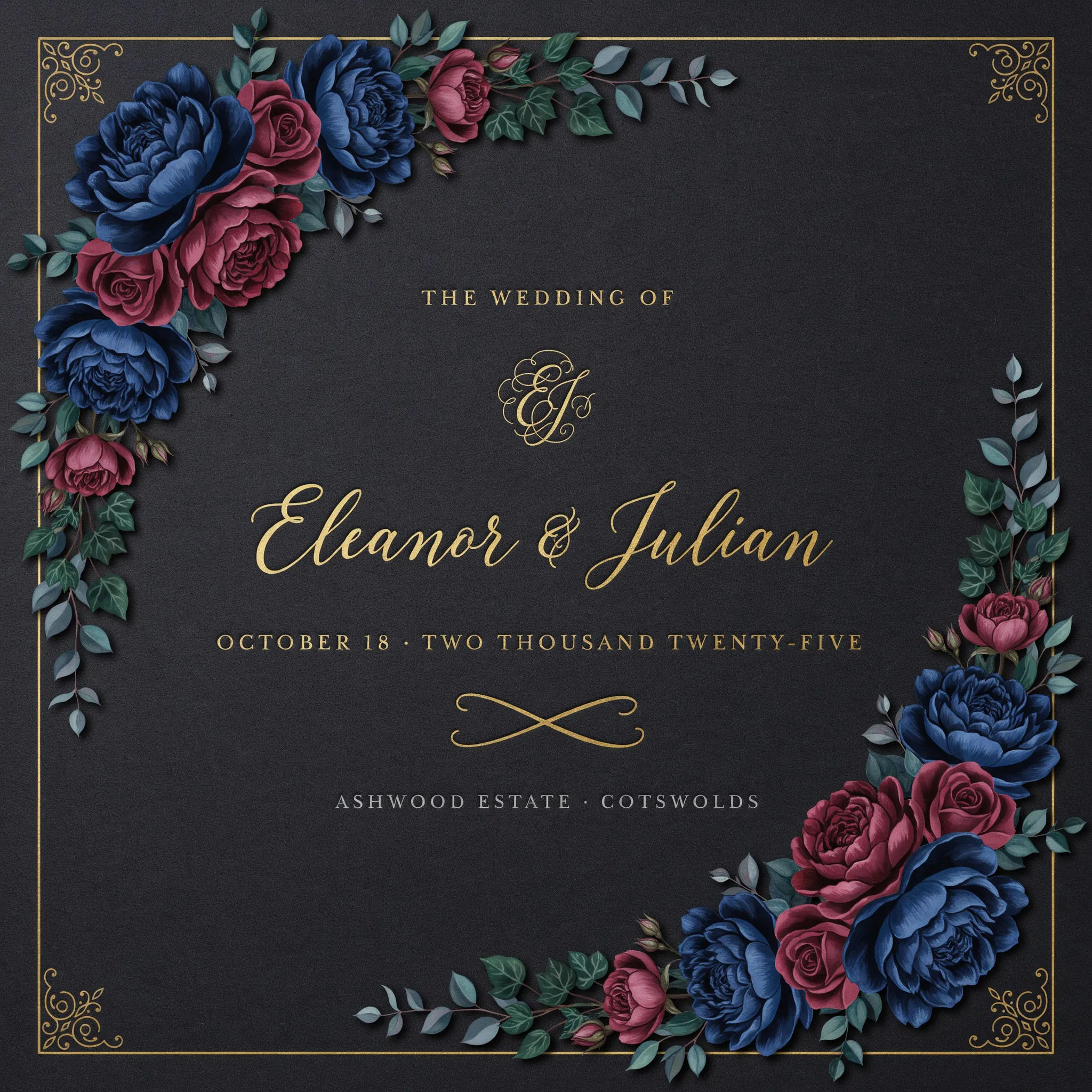 Moody wedding invitation with navy and burgundy florals and gold script