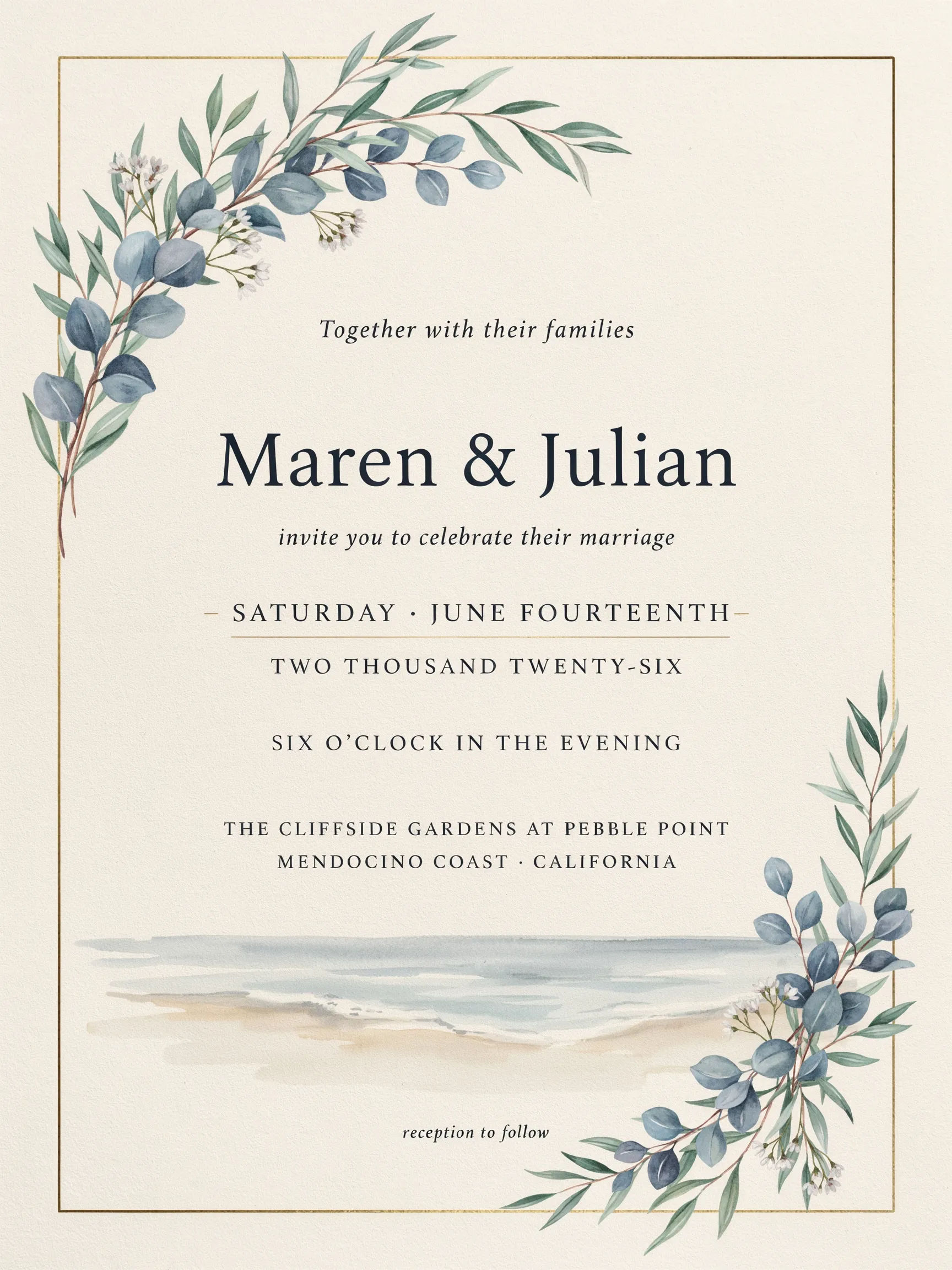 Coastal wedding invitation with watercolor shoreline in blue and sand