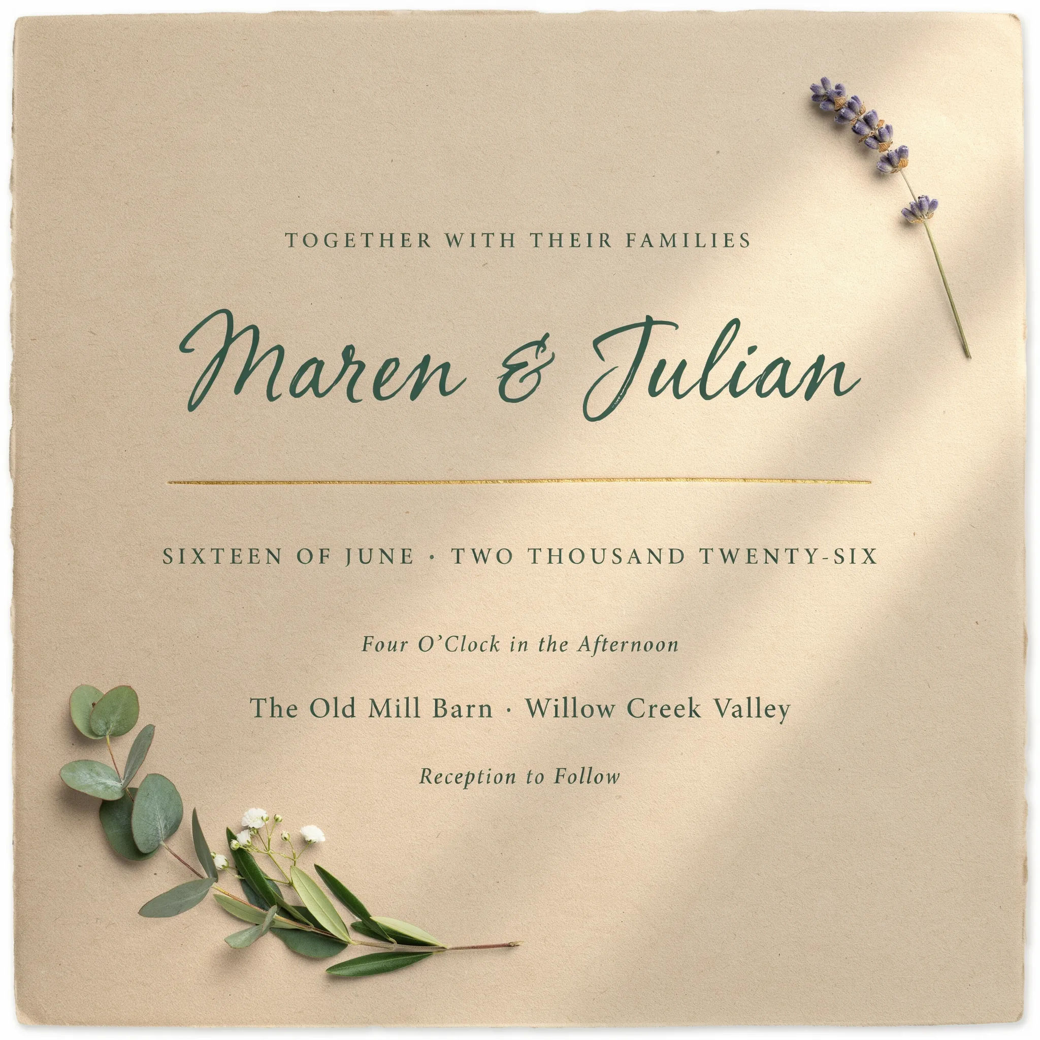 Rustic wedding invitation on kraft paper with hand-lettered heading and greenery