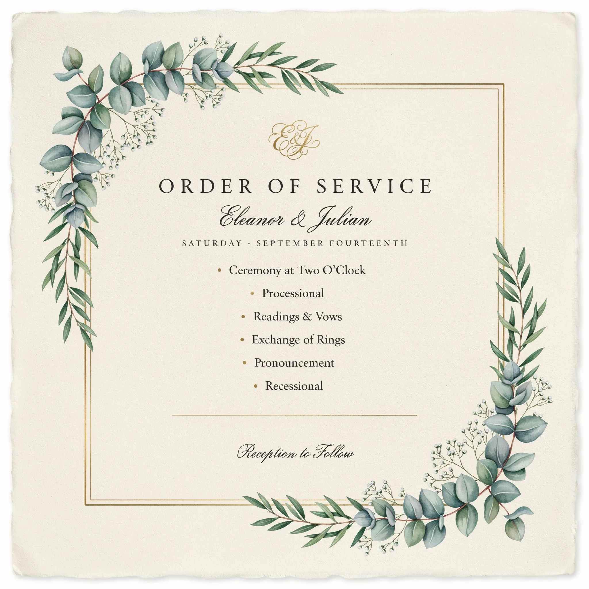 Botanical wedding program with eucalyptus and gold accents
