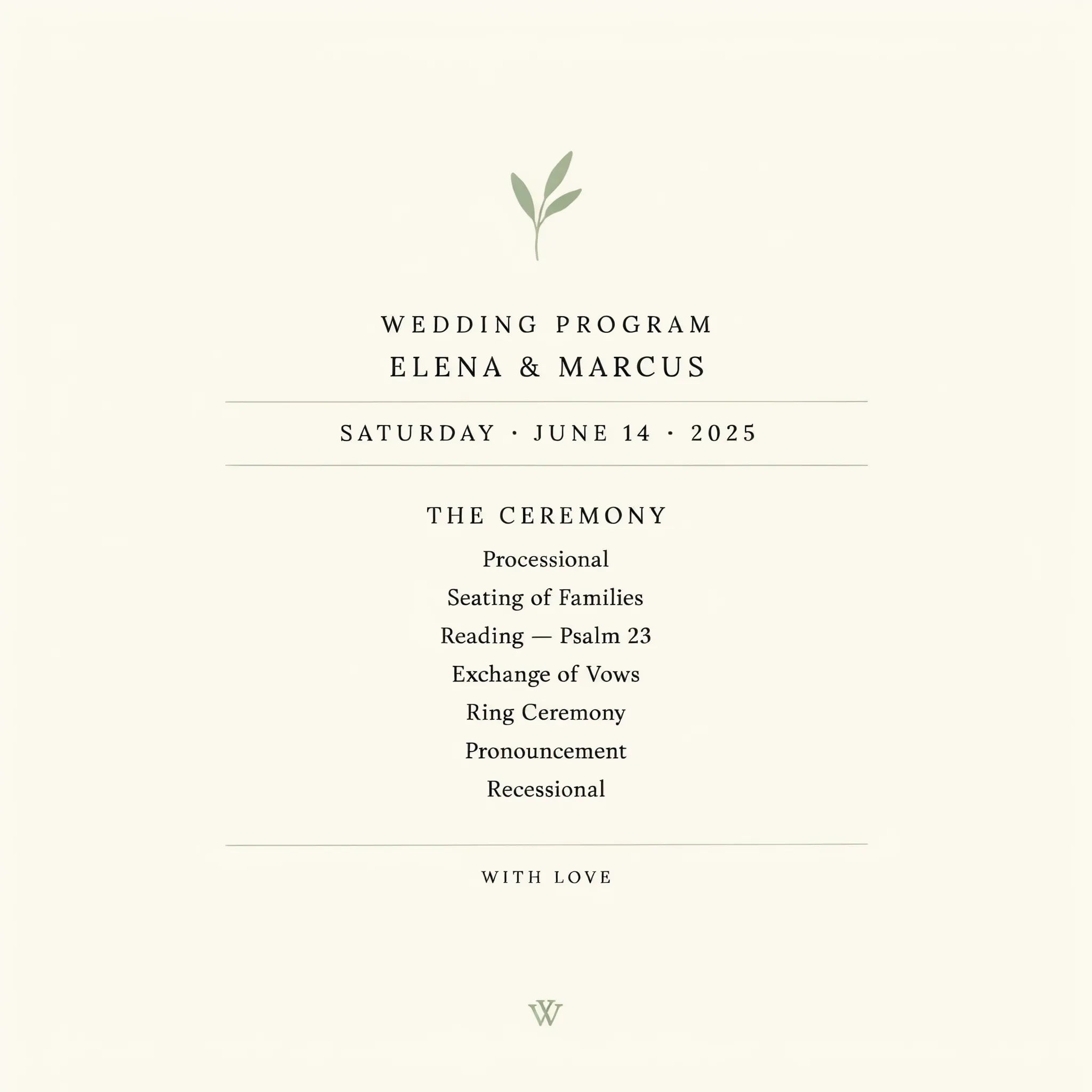 Minimal wedding program in sage and cream
