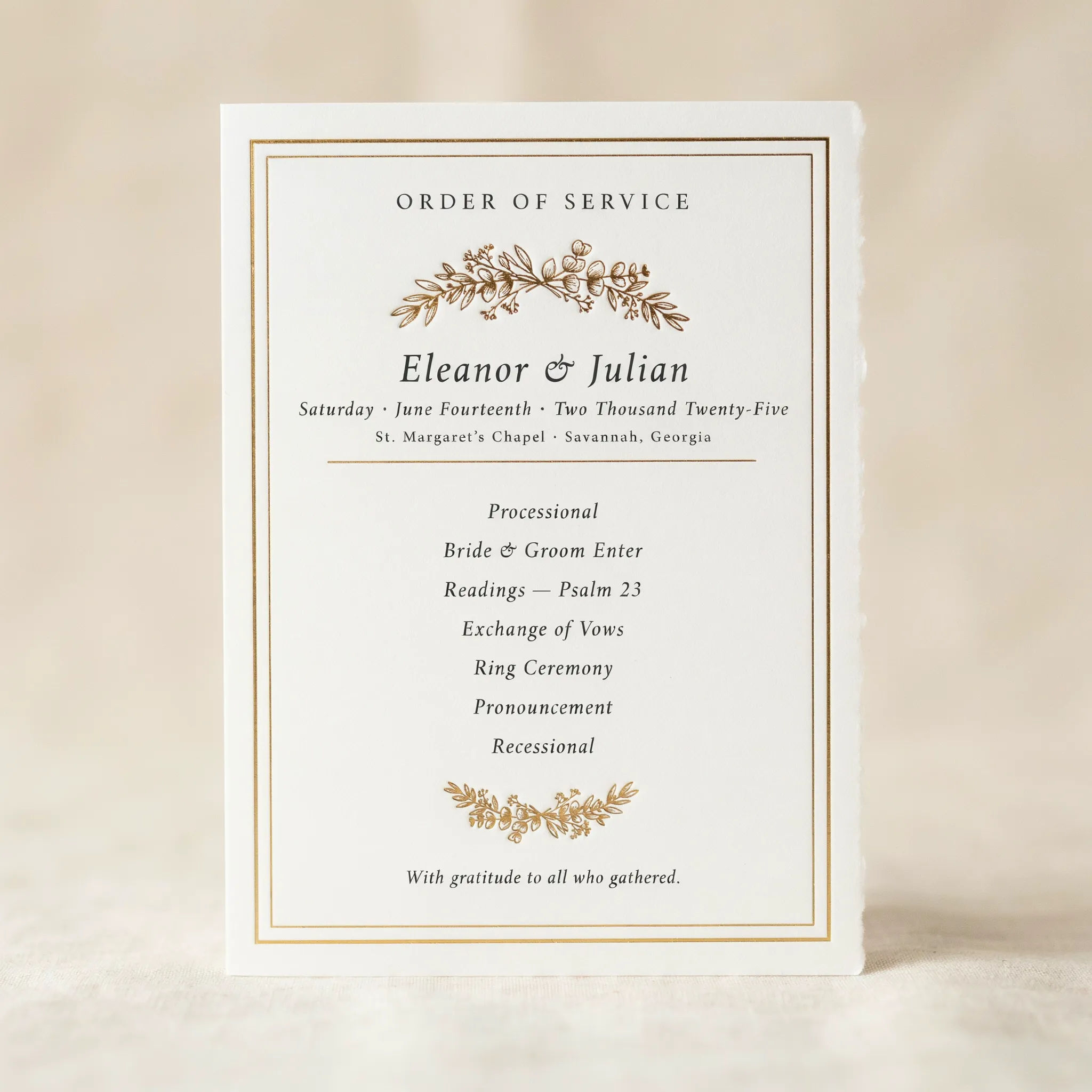 Classic formal wedding program in ivory and gold