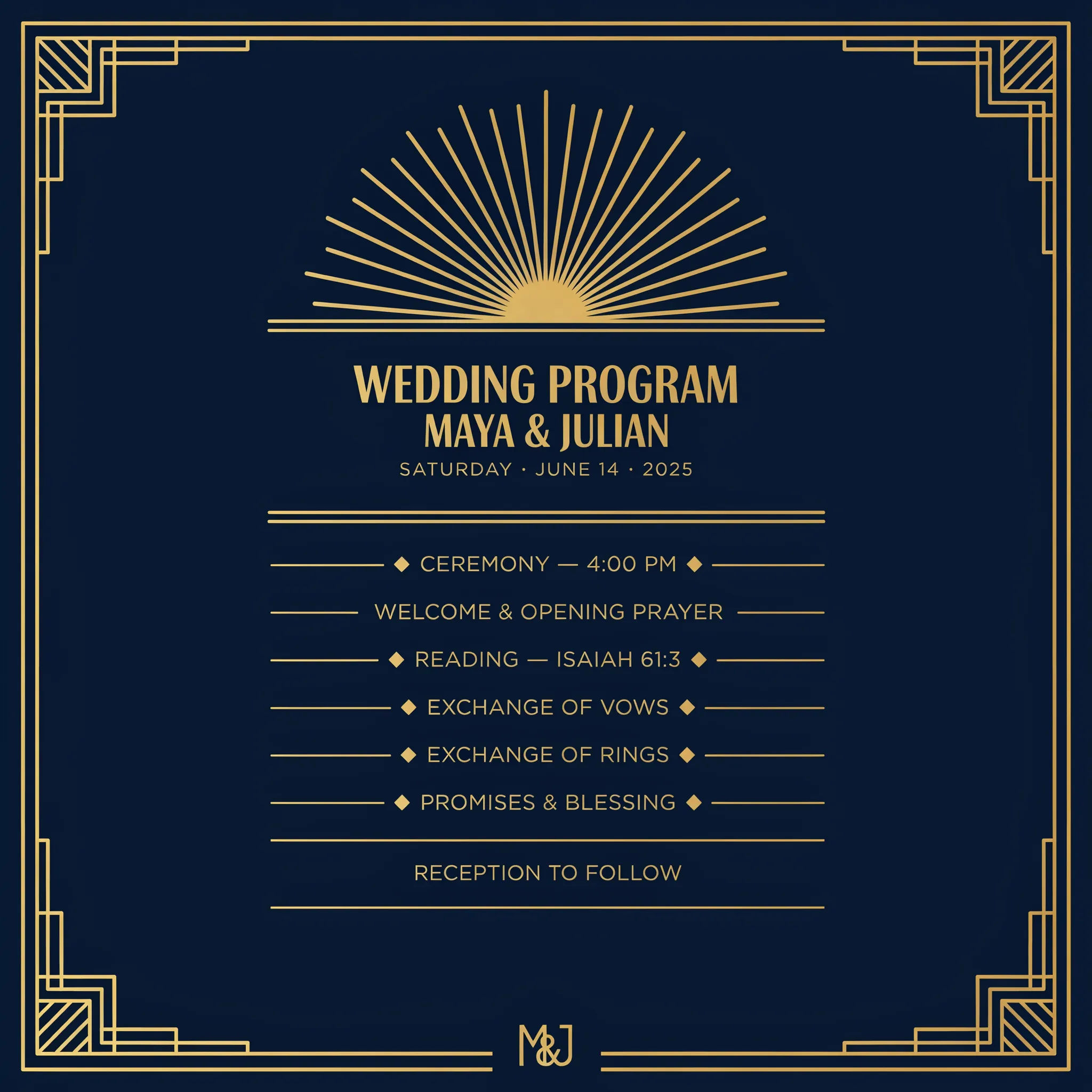Art deco wedding program in navy and gold