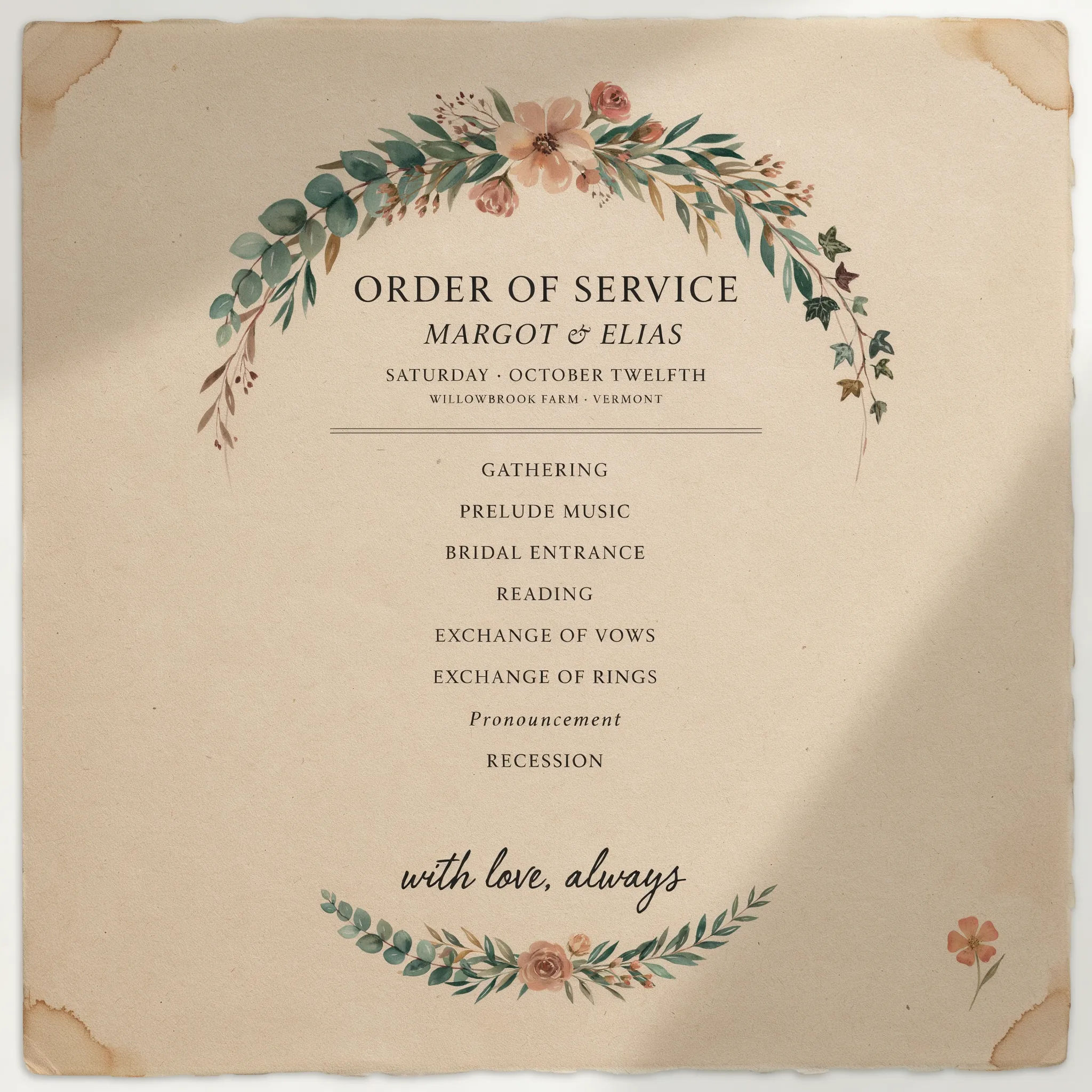 Rustic wedding program on kraft paper with florals