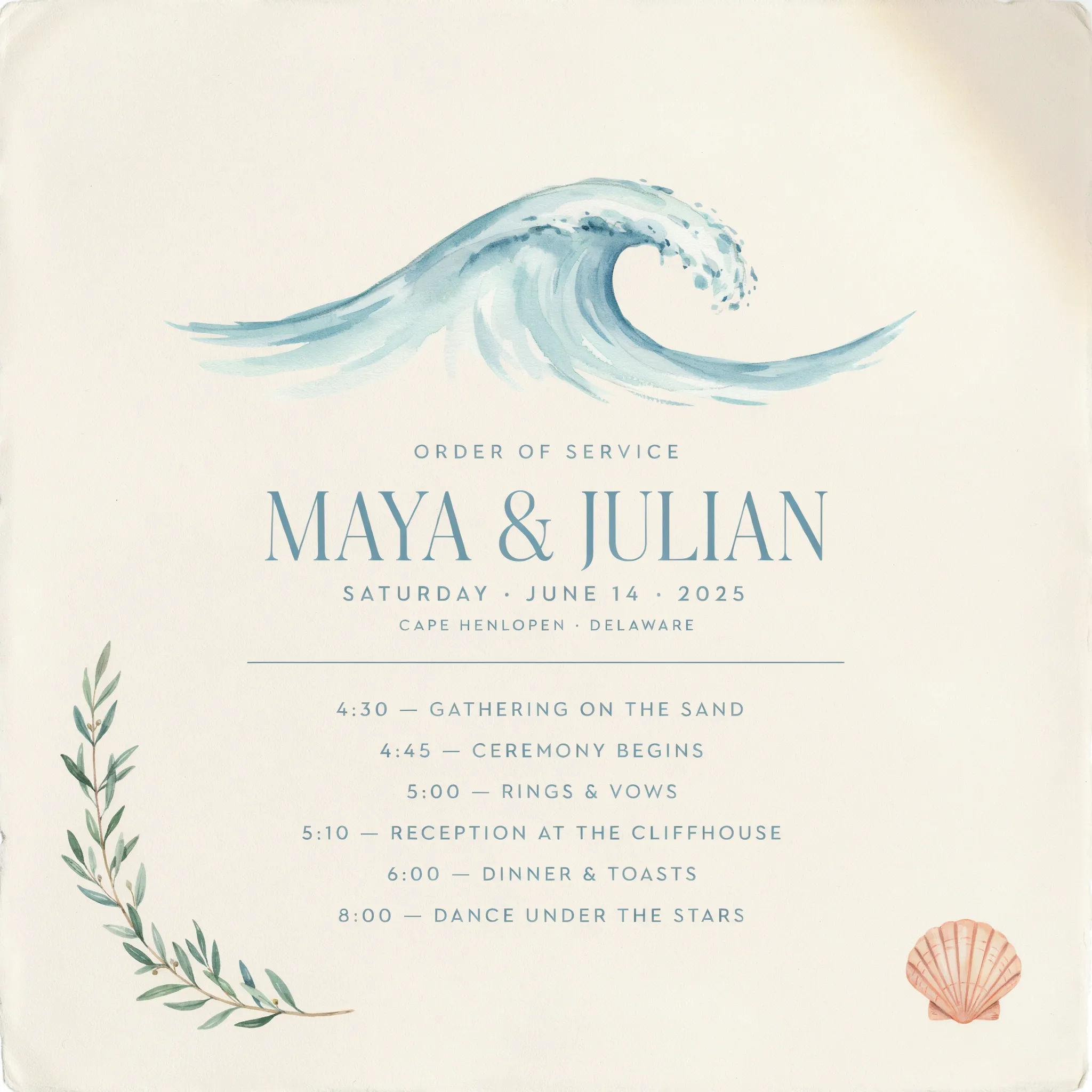 Coastal wedding program in blue and sand tones
