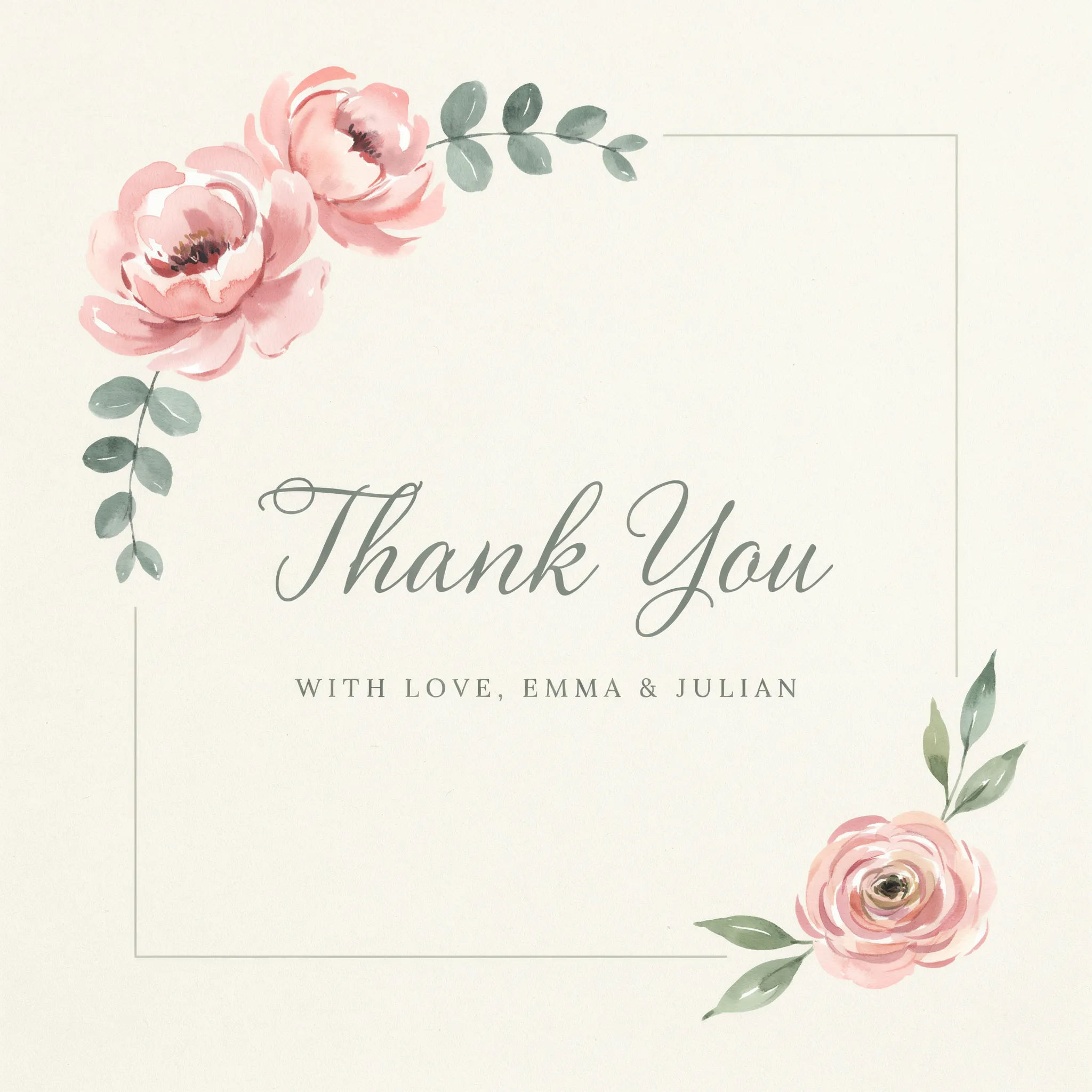 Watercolor floral wedding thank you card in blush and sage