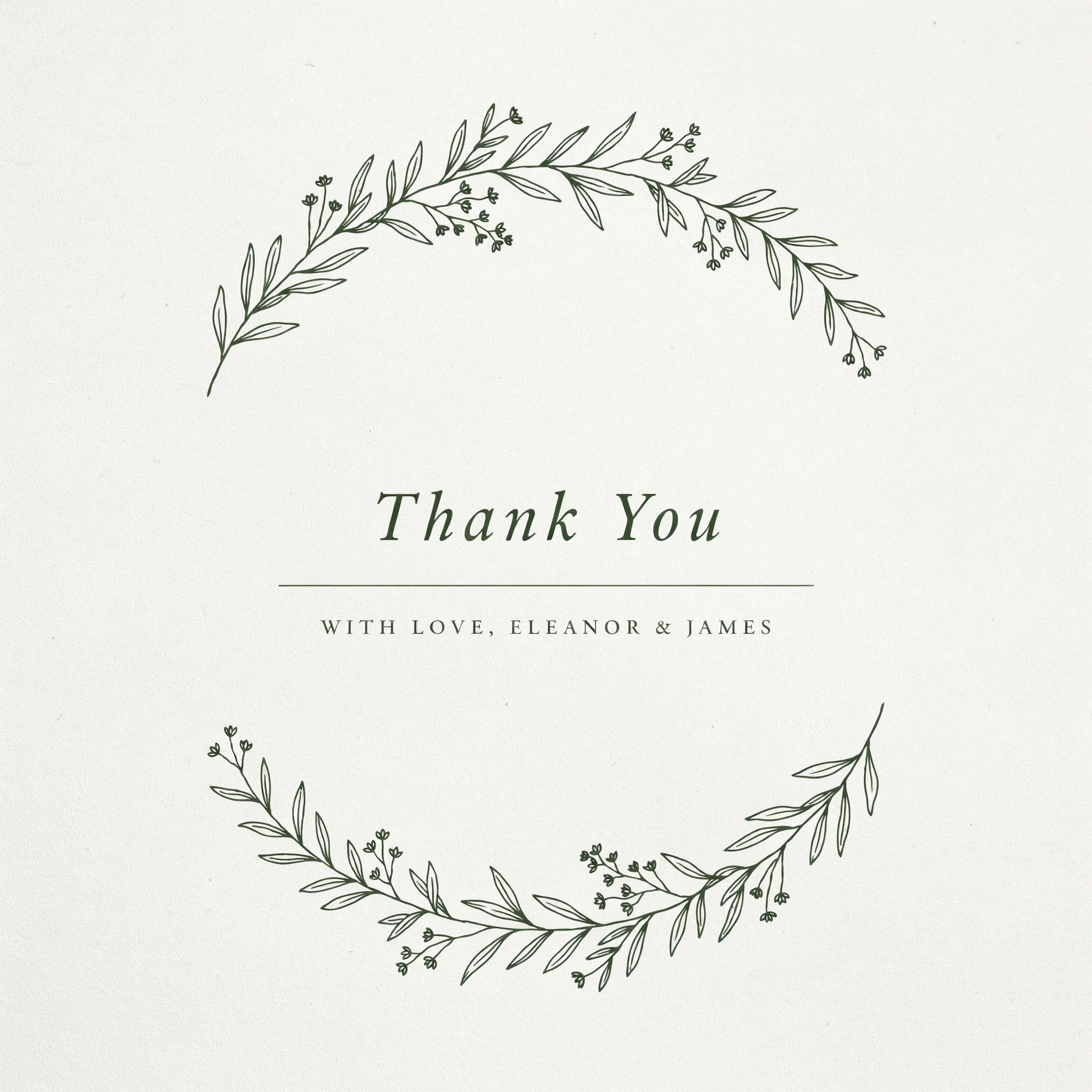 Fine-line botanical wedding thank you card in ivory and green