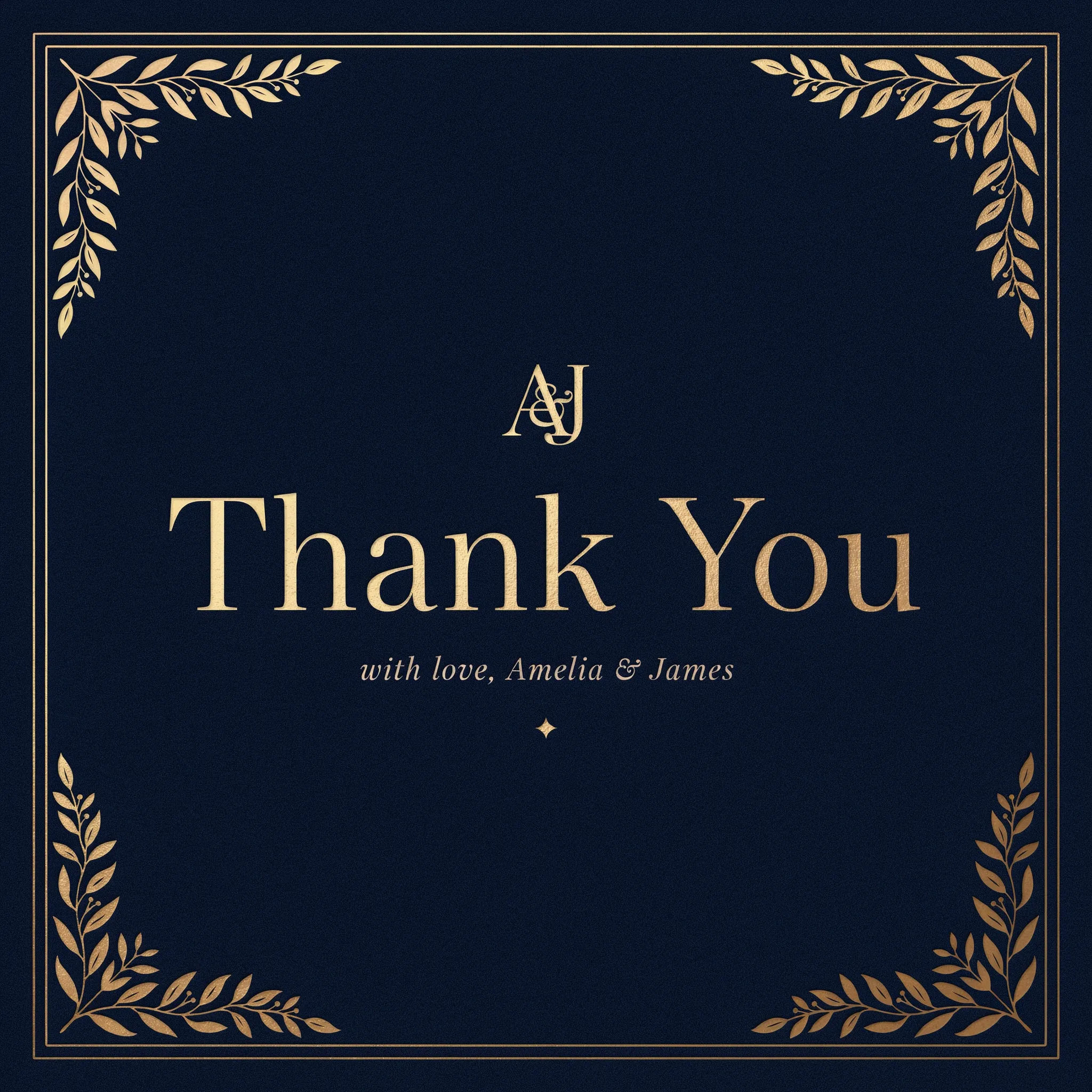 Navy thank you card with gold foil leaf border