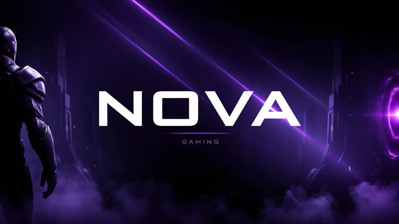 Neon purple gaming YouTube banner with the channel name NOVA centred