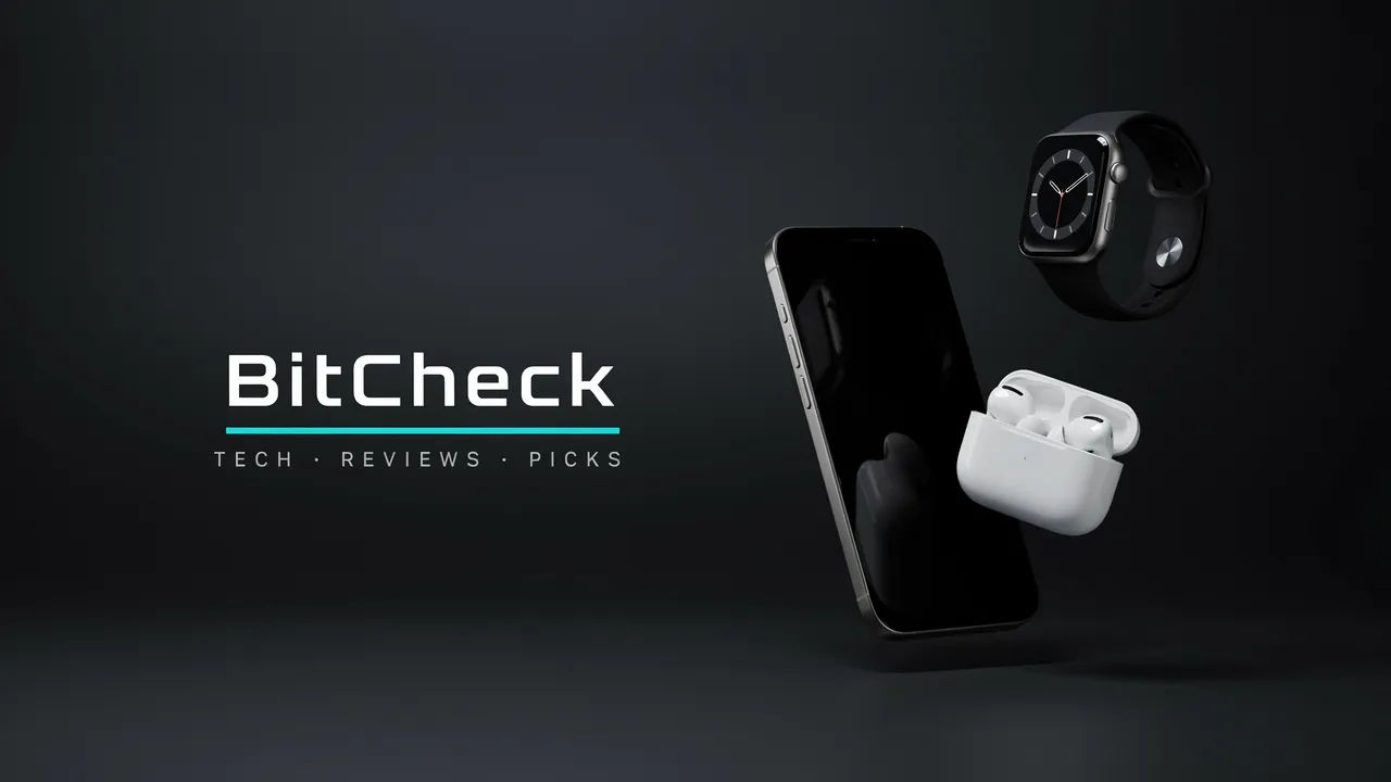 Clean dark studio tech review banner with the name BitCheck and floating gadgets