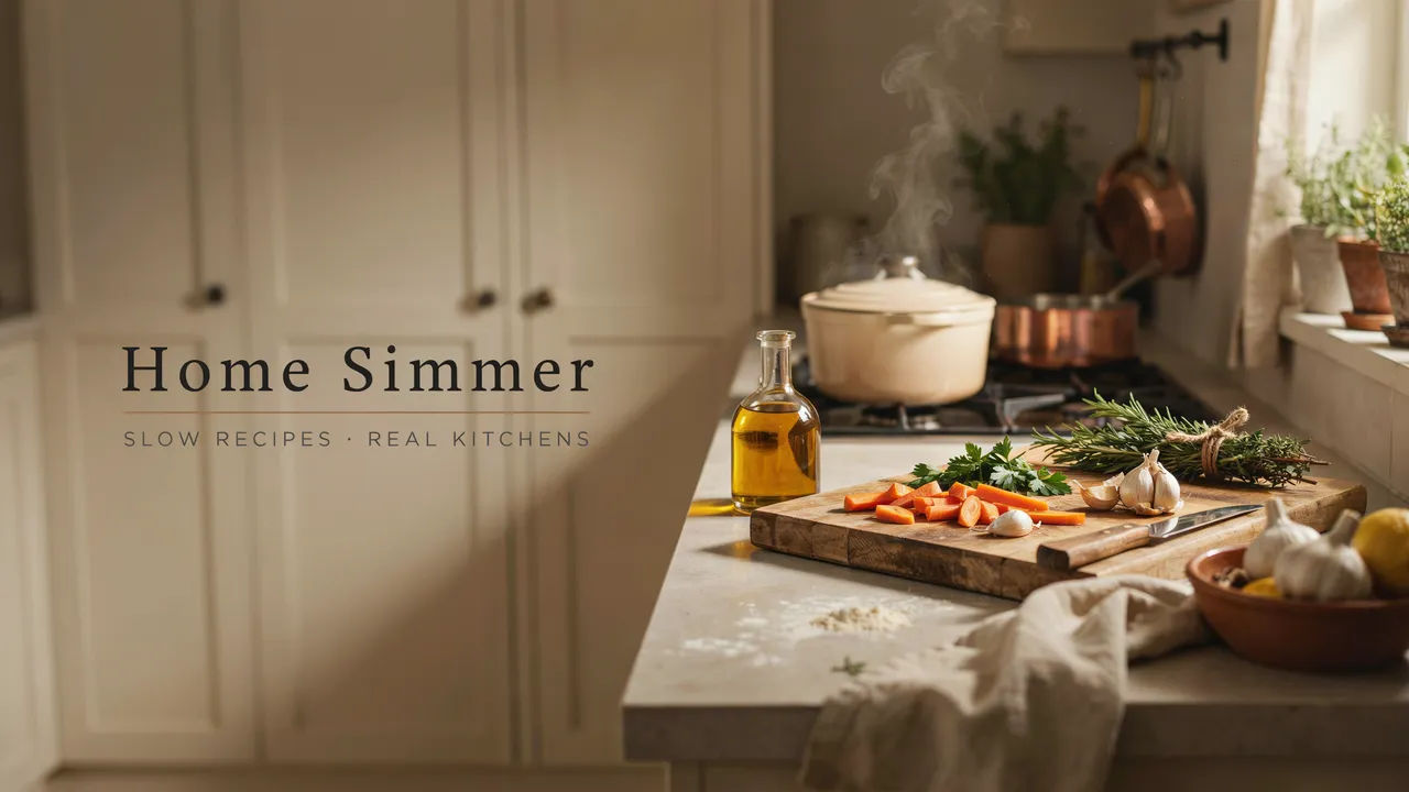 Warm kitchen cooking channel banner with the name Home Simmer and fresh ingredients