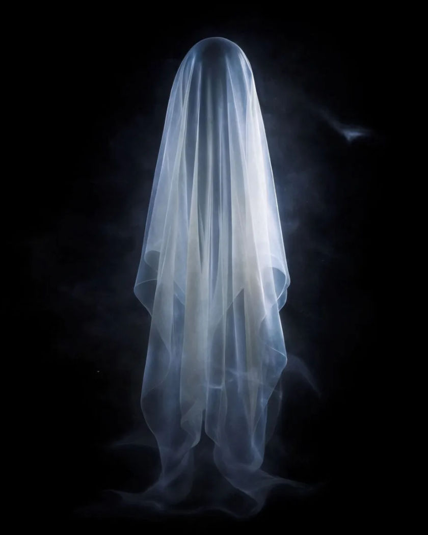 A tall draped form of translucent pale fabric glowing faintly in darkness with light passing through its folds