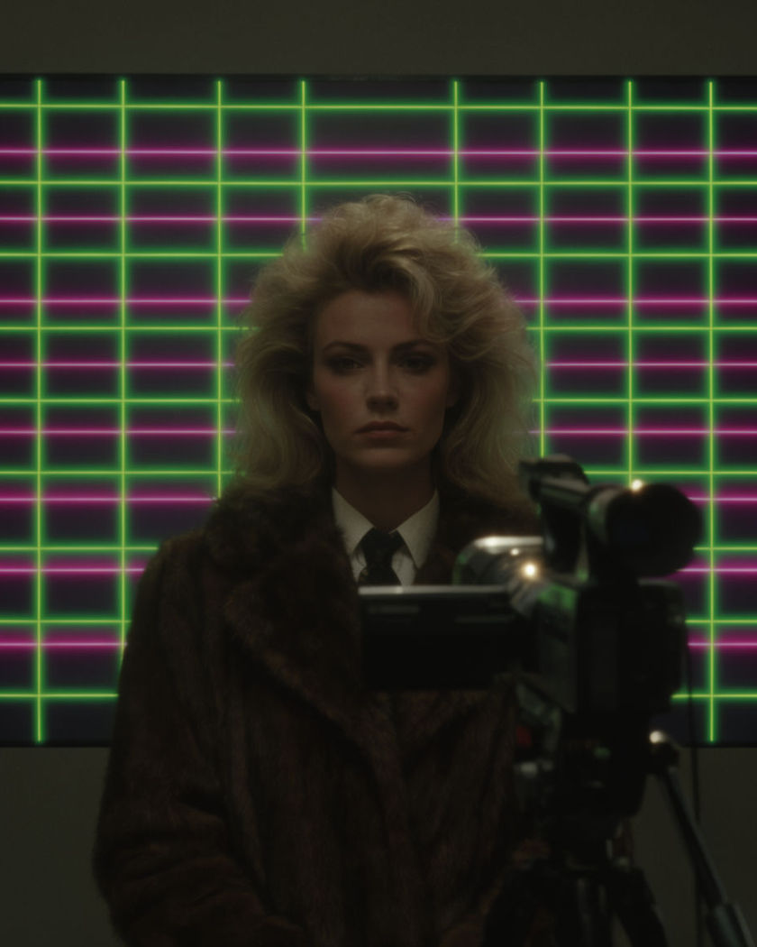 A portrait mid-transformation into an 80s studio photo, big hair and neon light against a laser-grid backdrop