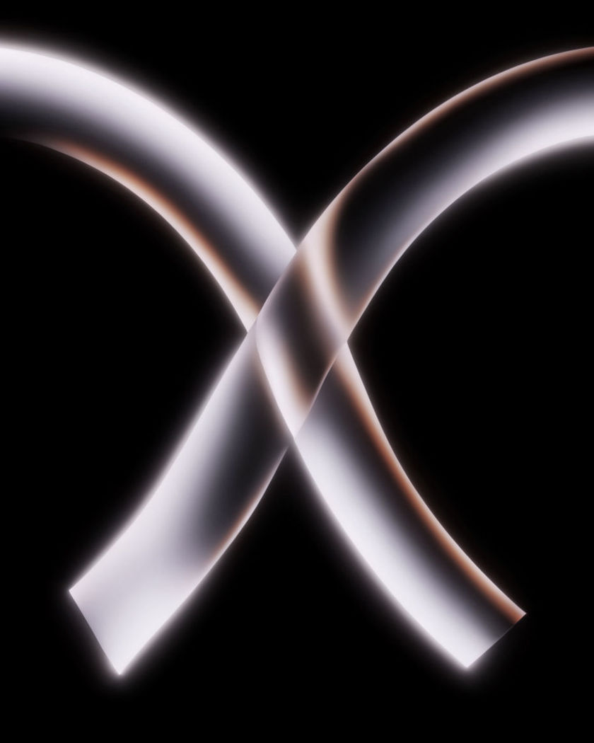 A pair of luminous arcs meeting in the middle and locking into one continuous band on a black ground