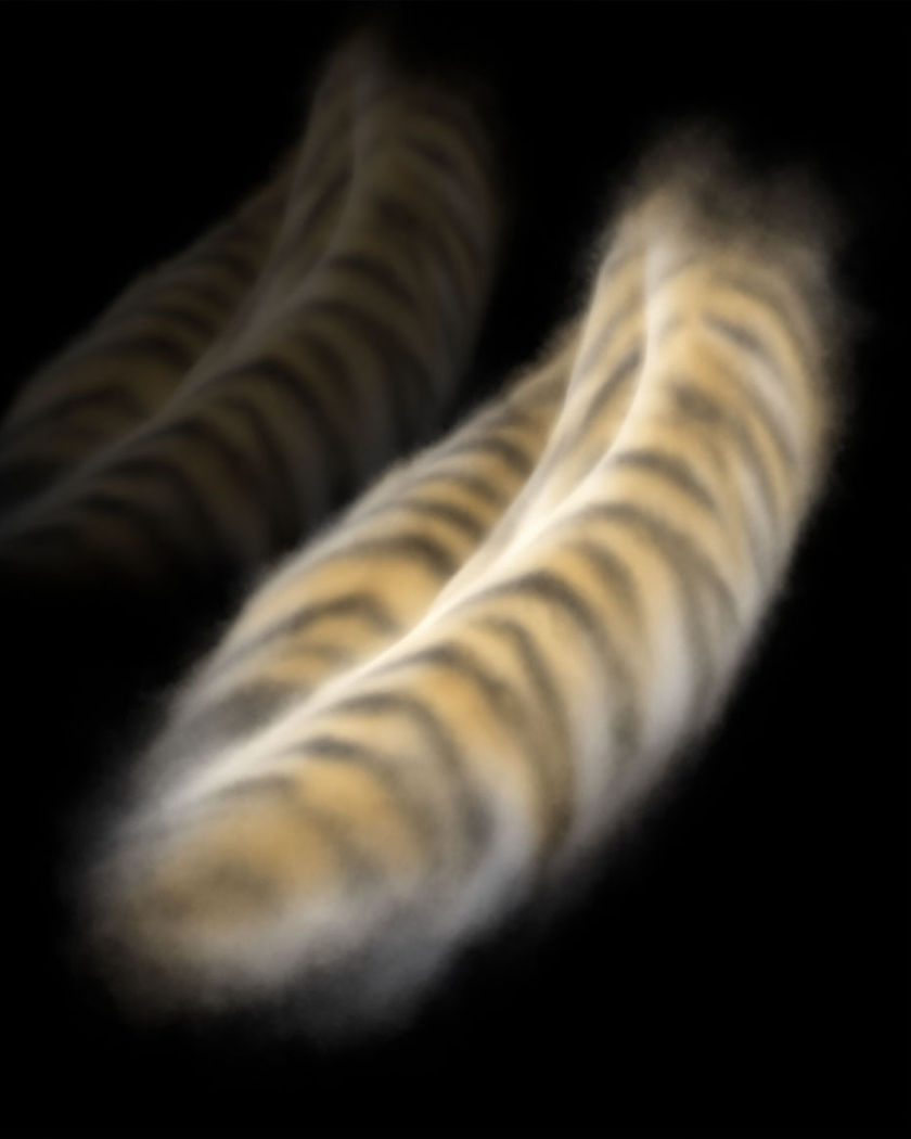 A single pair of stripe shapes emerging out of thick soft fog in black space on a black ground