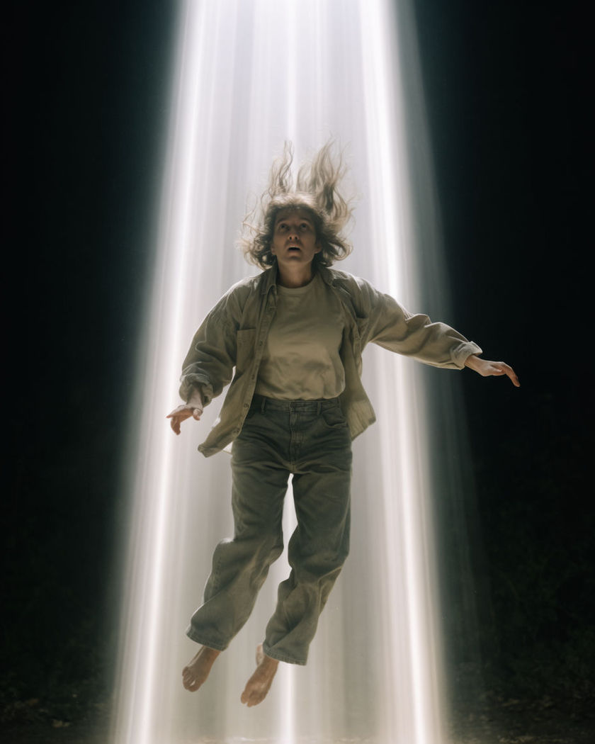 A person lifting off the ground inside a glowing beam of light at night, hair and clothes rising