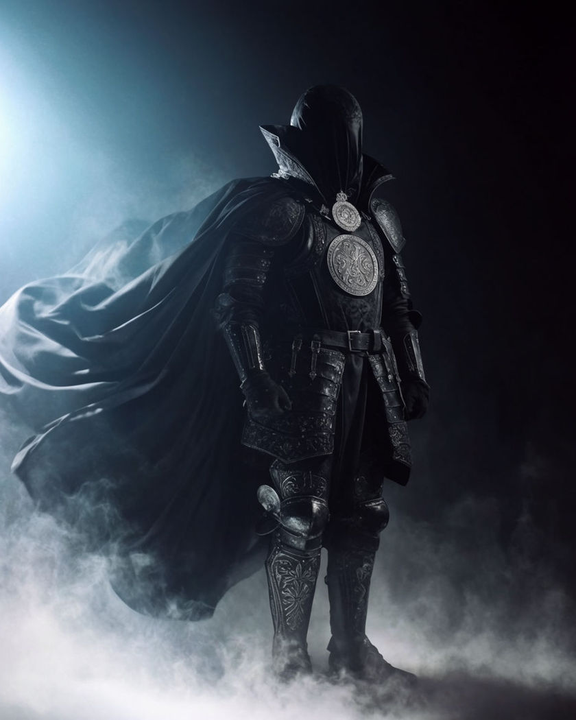 A figure in ornate black armor with a heavy cape catching wind, cold mist curling around their boots