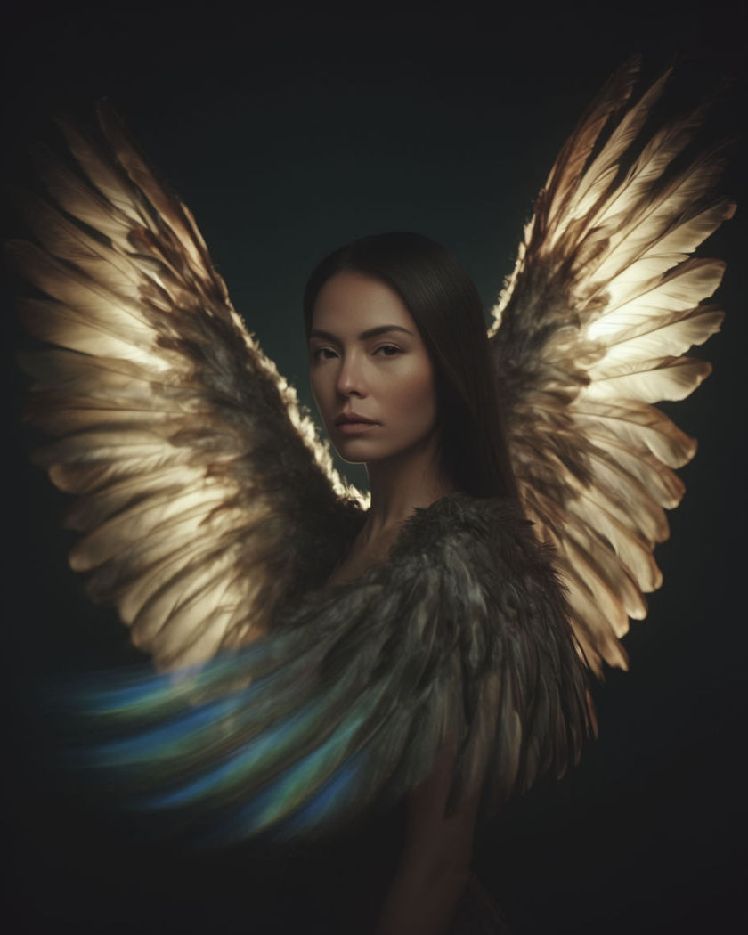 A pair of feathered wings unfurling from behind a portrait, catching warm backlight