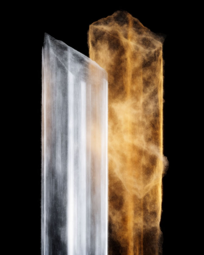 A sharp column of cool white light standing alone on a black ground