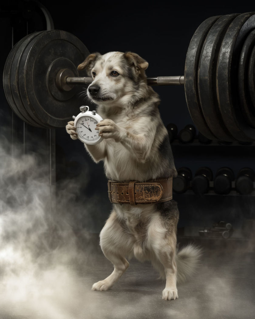 A dog straining to lift an oversized barbell overhead in a small home gym