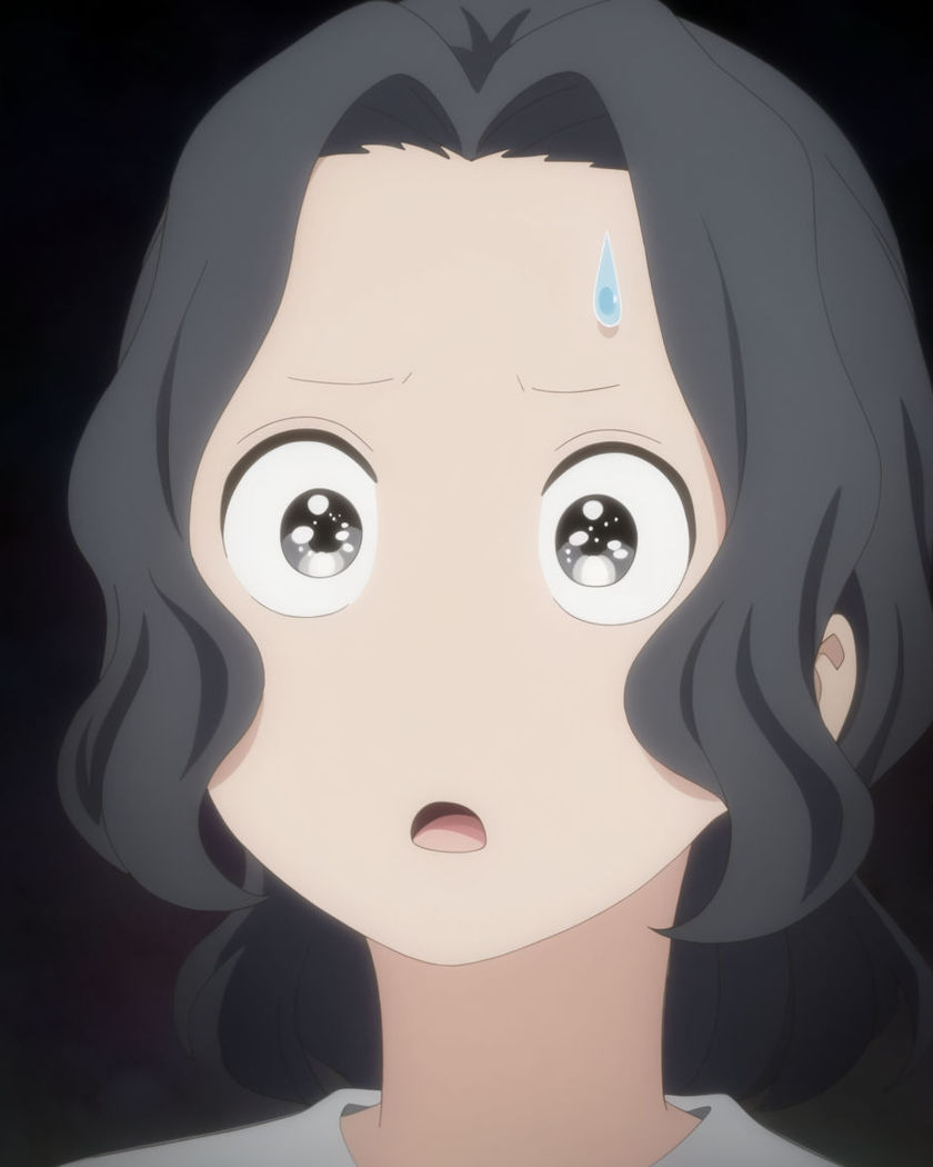 A face rendered in clean anime line art mid gasp, eyes huge and sparkling, a comic sweat drop on the brow