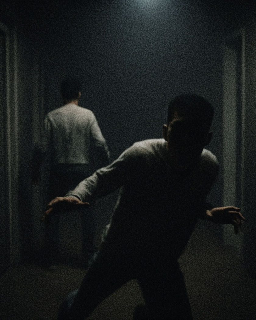 Two identical figures facing off in a dim corridor, one lunging at the other under a single hard light