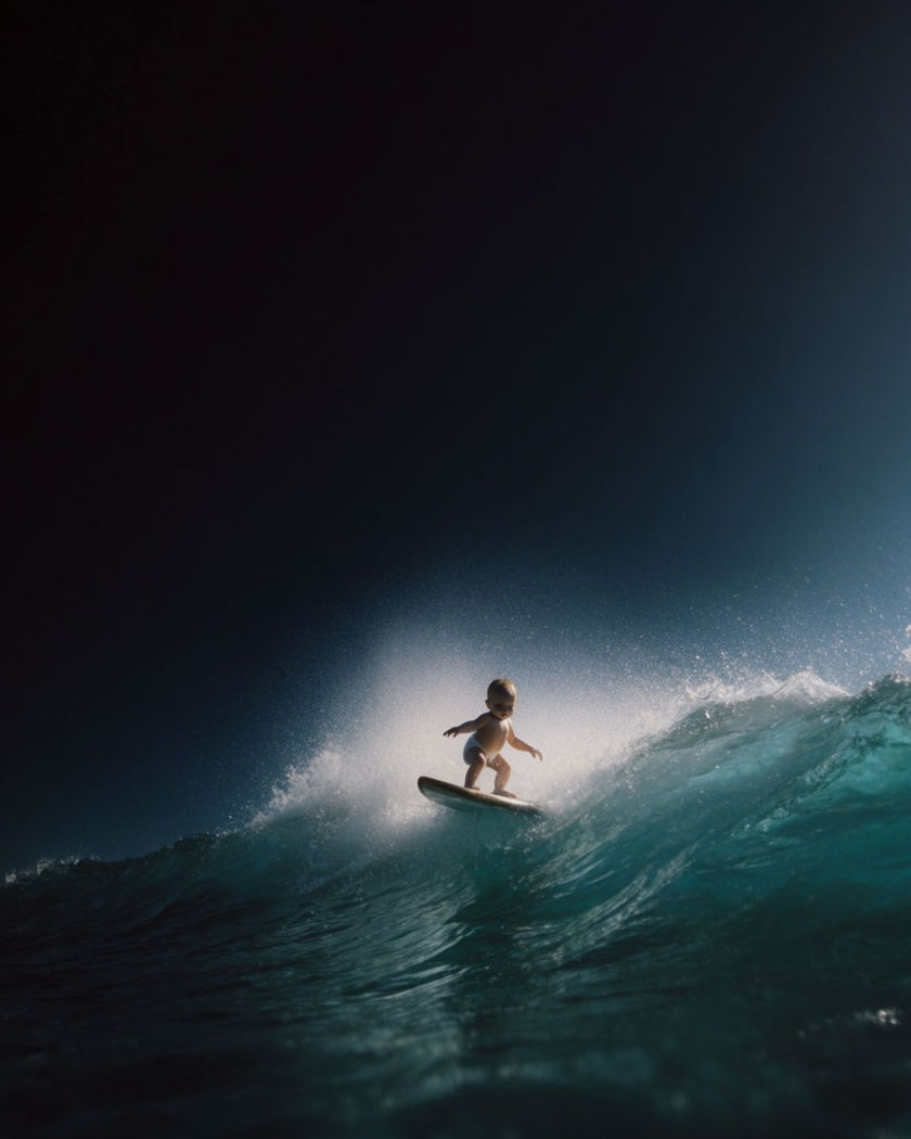 A baby balanced on a small surfboard riding a turquoise wave with sunlit spray around it